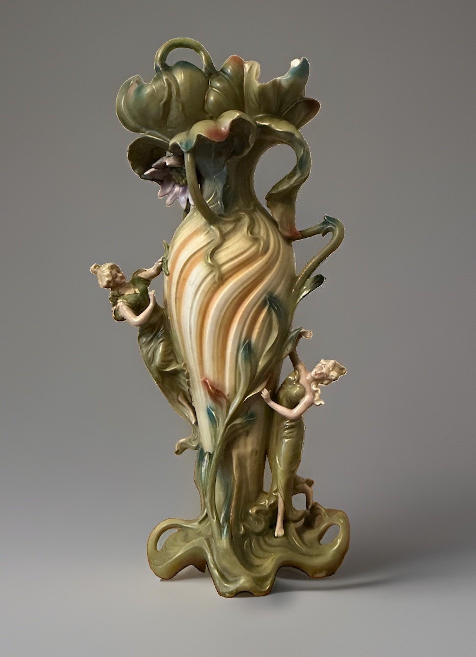 Antique Art Nouveau Porcelain Ceramic Nymph Lotus Flower Vase Figural 16” Tall