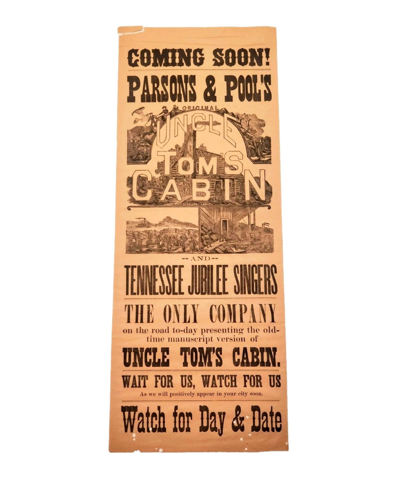 Antique 1890\'s Parsons & Pool\'s Uncle Tom\'s Cabin & Tennessee Jubilee Broadside