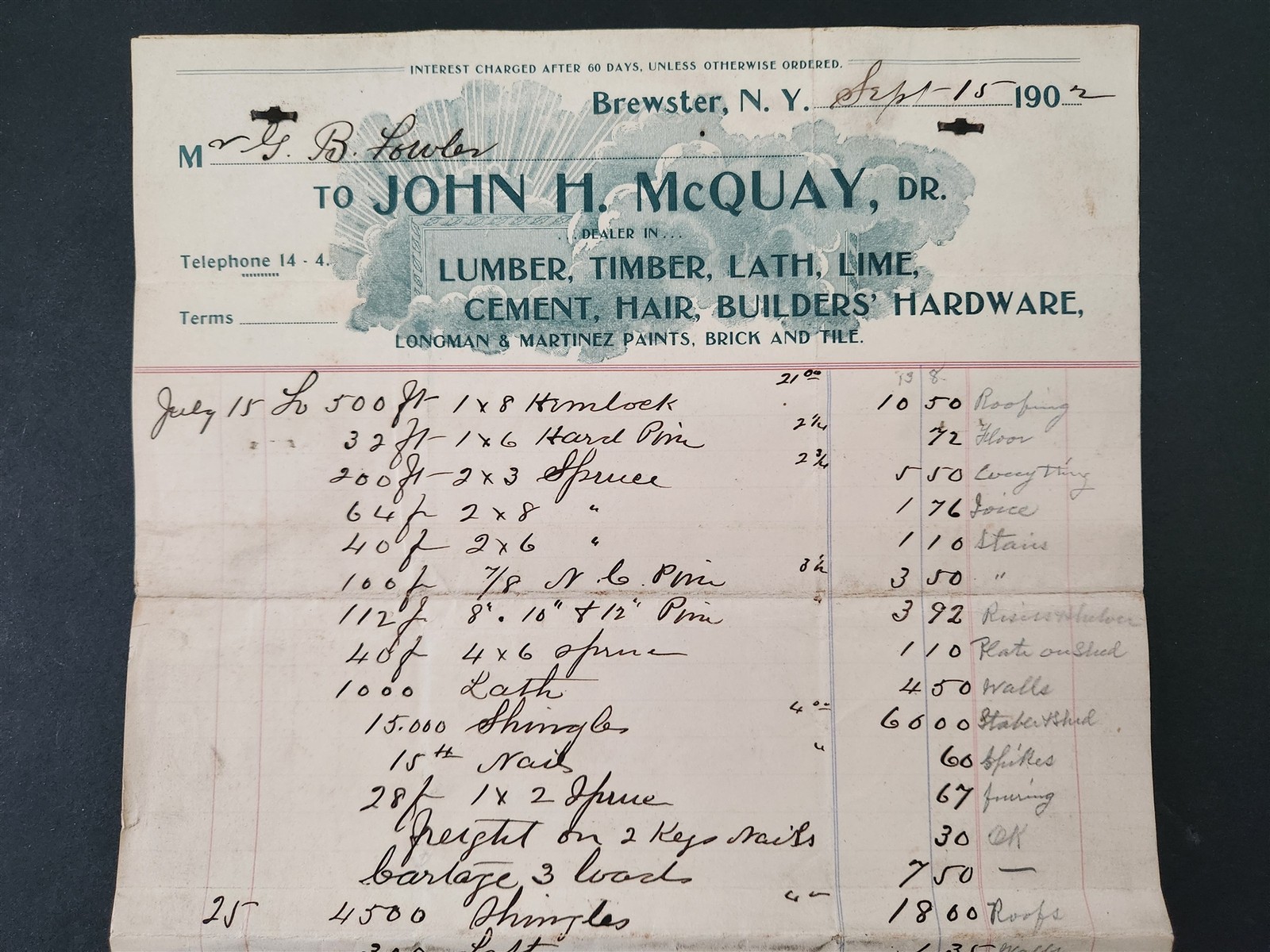 1902 antique JOHN H McQUAY brewster ny BILLHEAD lumber timber builder hardware