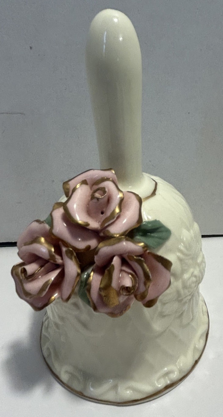 Vintage Ivory Porcelain/Ceramic Bell With Pink Roses & Gold Trim Good Condition