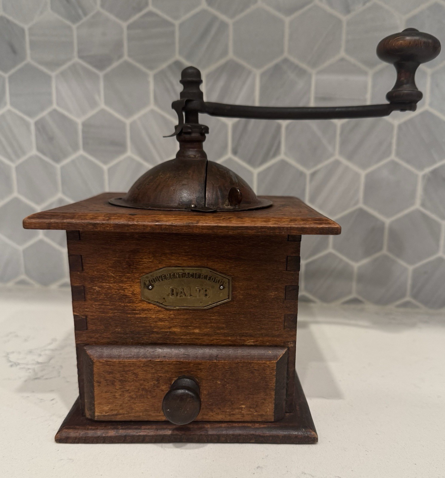 Vintage 1930’s French DALTO Coffee Grinder Wood Box Manual Hand Crank Burr Mill