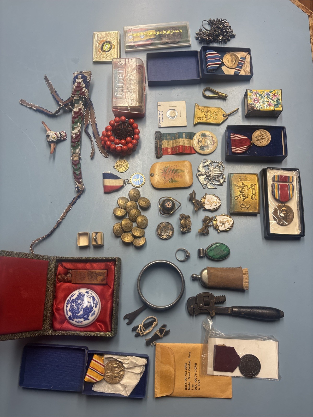 Trinket Lot Vintage Odd Fellows Medals Buttons Pin Ring Bracelet Pendant Antique