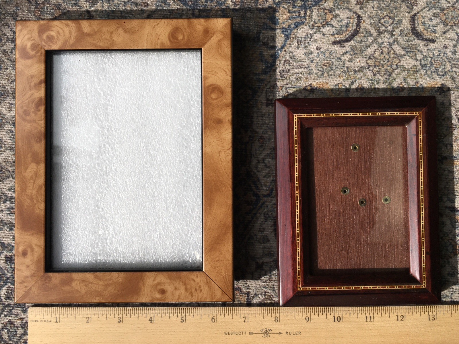 TWO Vintage Picture Frames Inlaid Wood, Maple Burl Read Full Description