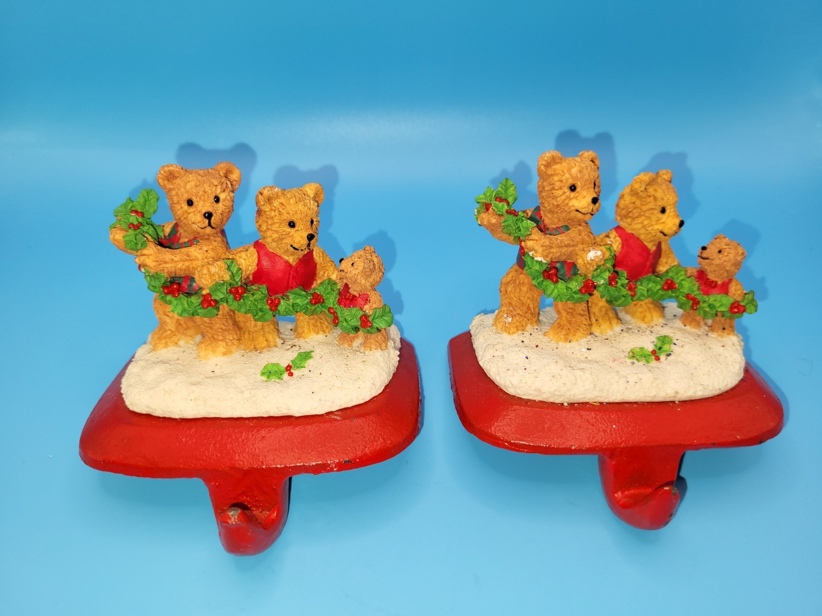 (2) VTG Studio 33 Bear Christmas STOCKING HOLDER Mantel Hanger Resin Cast Iron (2) VTG Studio 33 Bear Christmas STOCKING HOLDER Mantel Hanger Resin Cast Iron