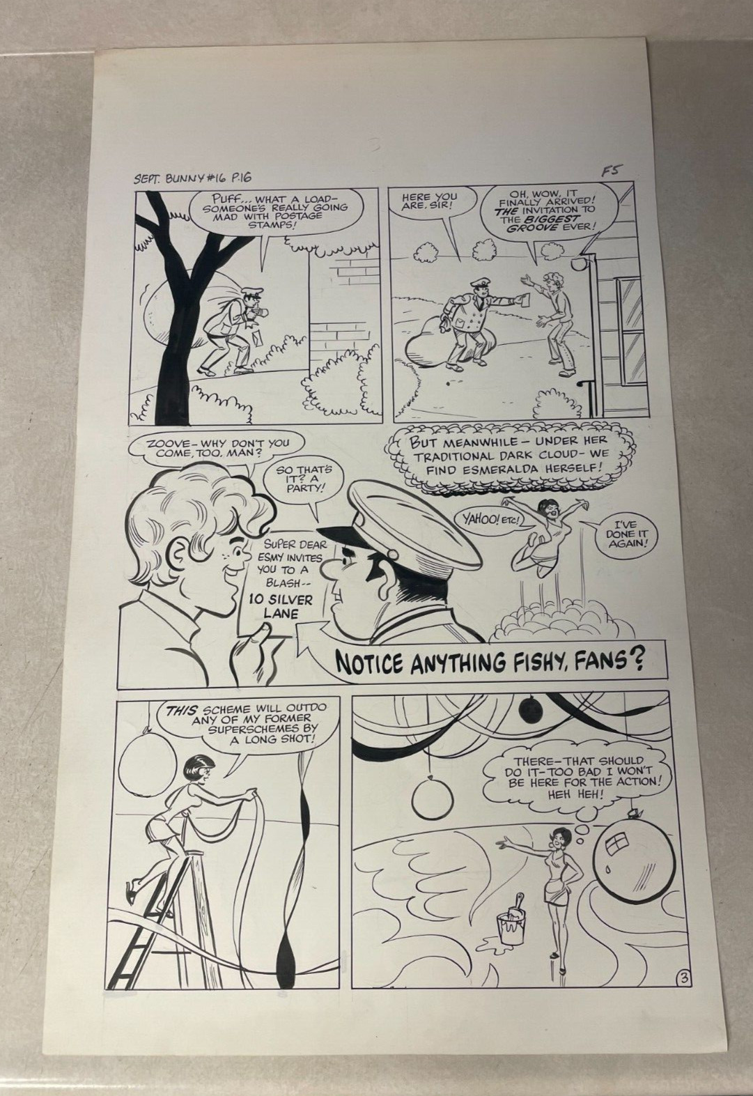 Bunny #16 original art 1970 BIG GROOVE PARTY POSTMAN DELIVERS ESMERALDA HIPPIE