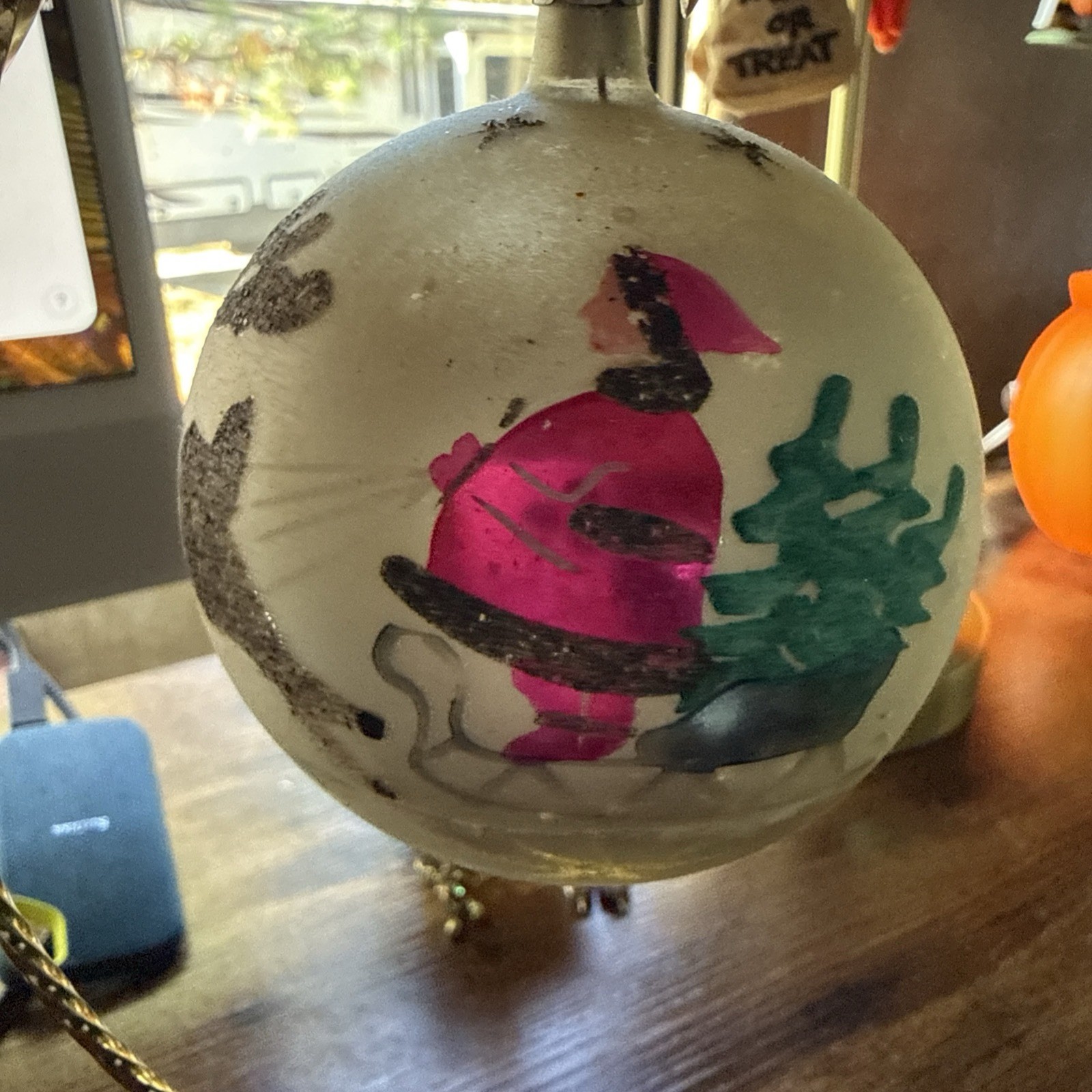 Vtg Santa Reindeer Large  Poland Glass Mica Christmas Ornament 4