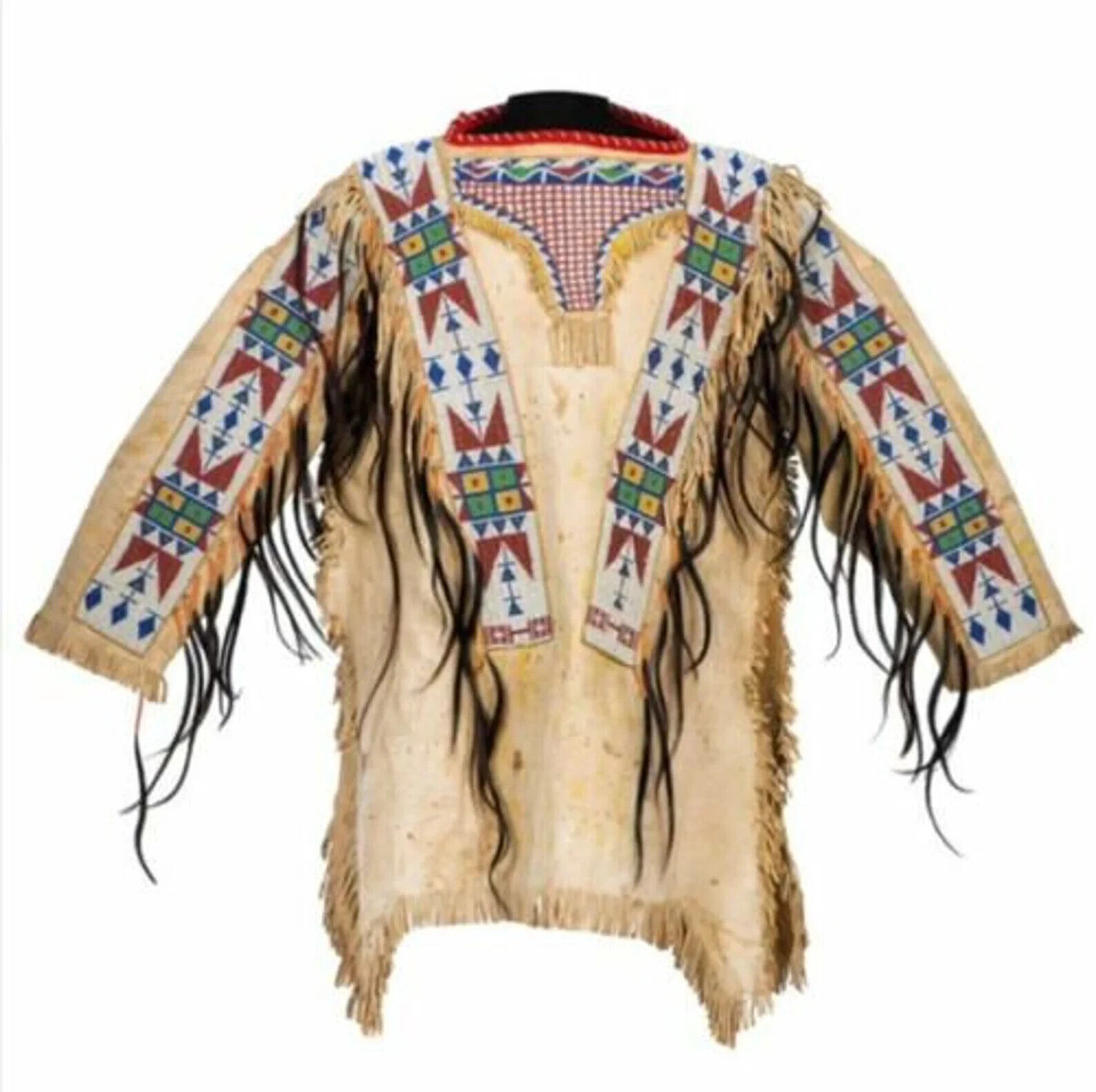 Old Style Beaded Hand Colored Buckskin Suede Hide Powwow Regalia Shirt NS65