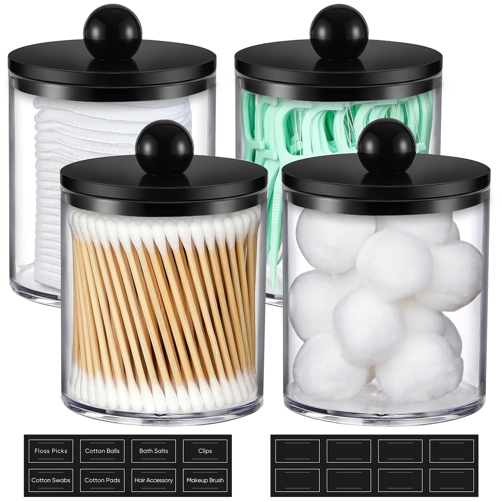4 Pack Acrylic Qtip Holder Dispenser for 4 Pack, 4 Black, Sphere Top