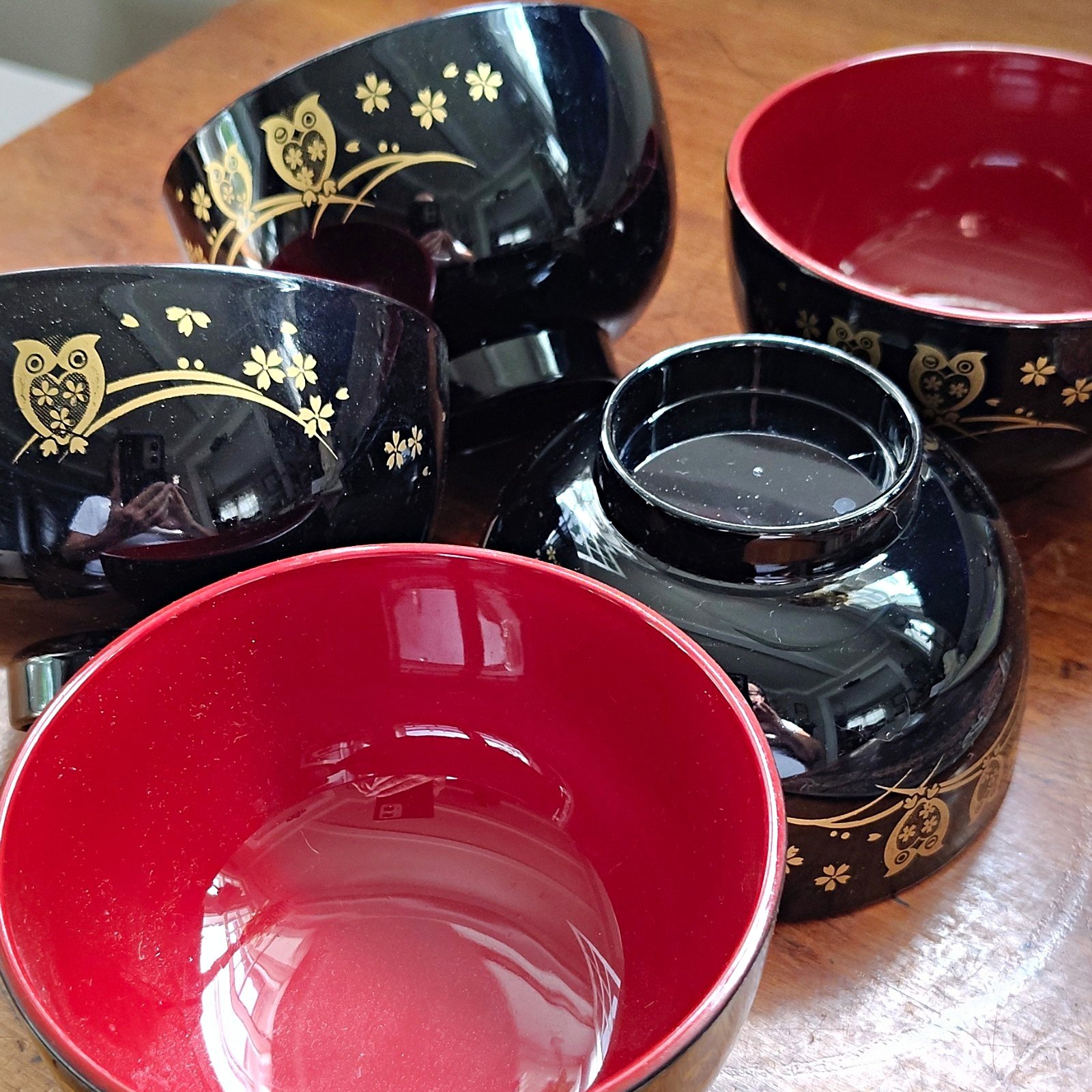 Japanese Lacquerware Bowl Set of 5 Black Red Gold Owl Cherry Blossom Floral
