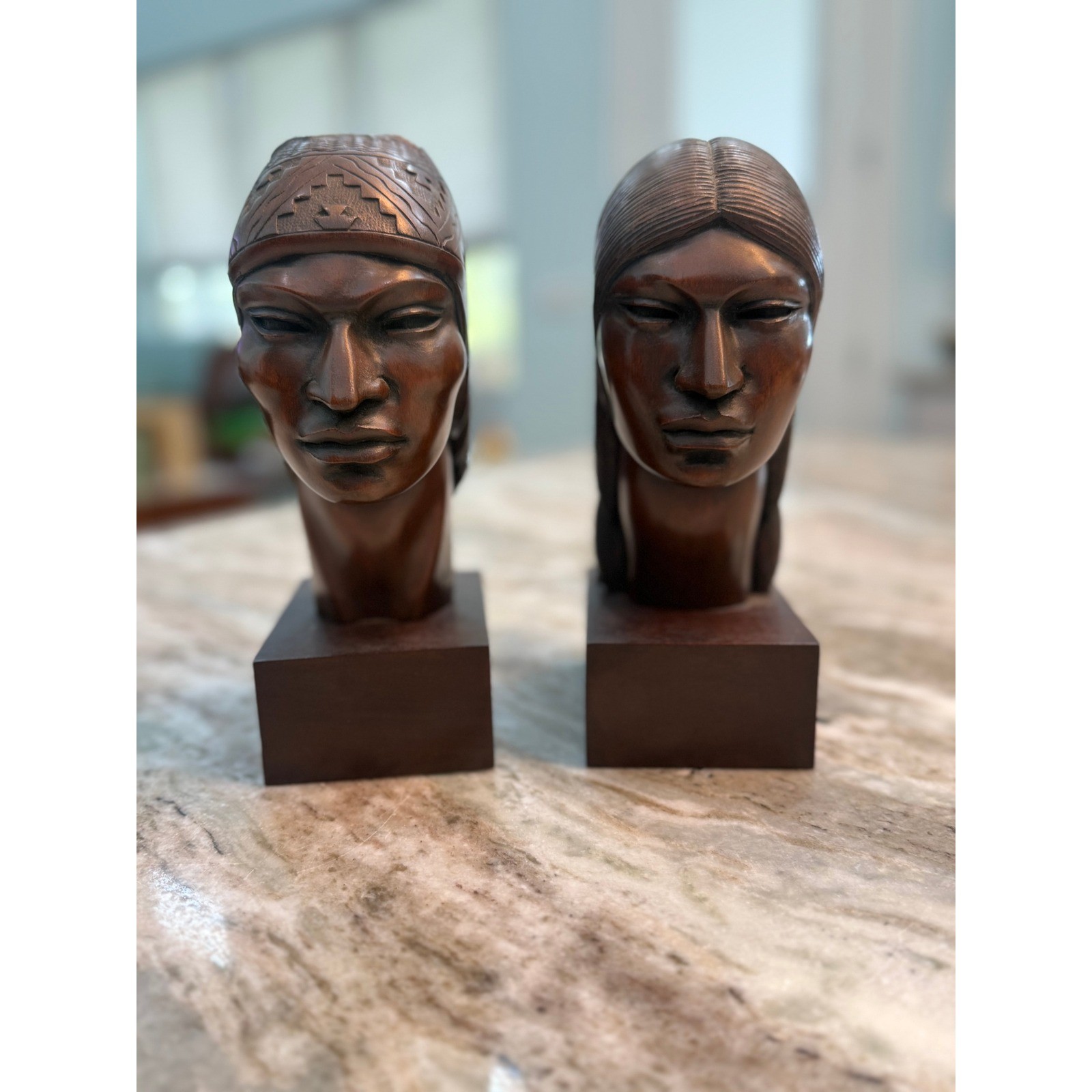 A Franco Signed Art Deco Wood Bust Sculptures Male Female Native Style Pair