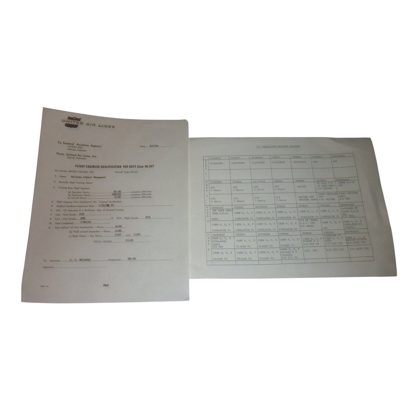 1964 United Air Lines Flight Engineer Qualification Document Boeing 727 Lot