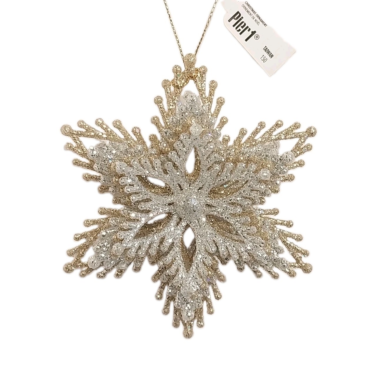 Vtg Pier 1 Snowflake Burst Christmas Ornament Silver Gold Glitter 3D 4\ Vtg Pier 1 Snowflake Burst Christmas Ornament Silver Gold Glitter 3D 4\