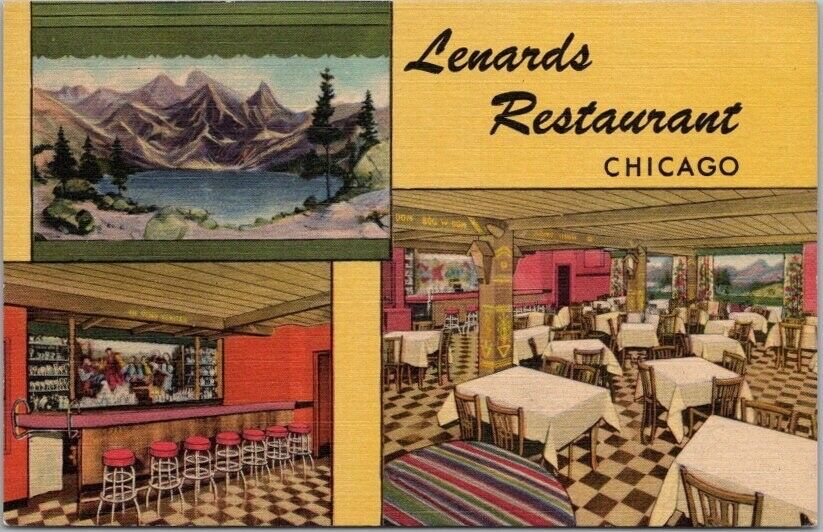 c1950s CHICAGO, Illinois Postcard LENARDS RESTAURANT Curteich Linen / Unused