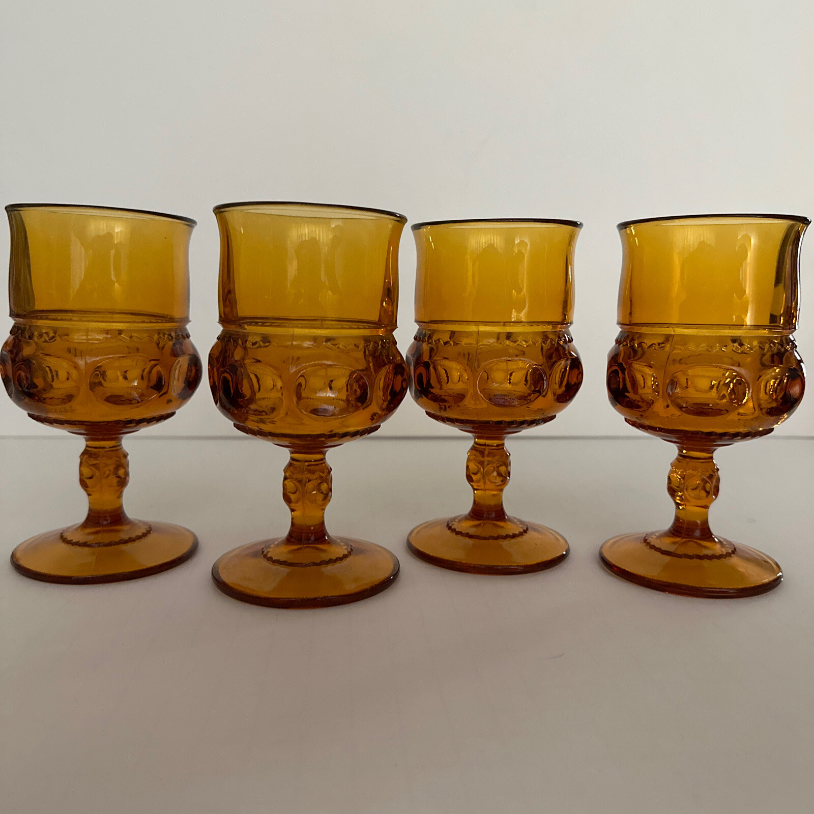(4) Amber Indiana Glass Thumbprint Kings Crown Goblets Wine Glass Vintage 5 3/4”