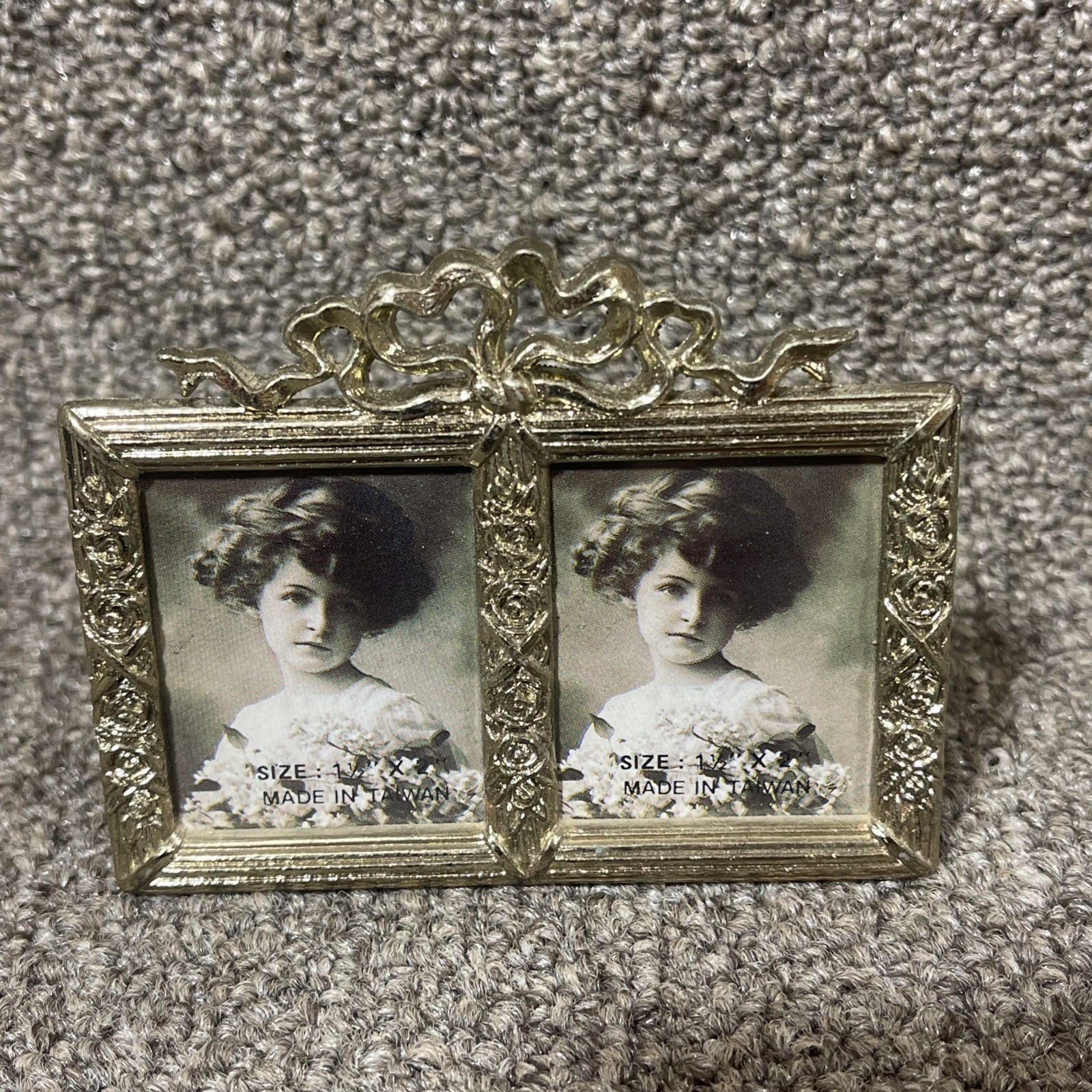 Vintage LaVie Miniature Double Silver Tone Photo Frame Holds 1 1/2\