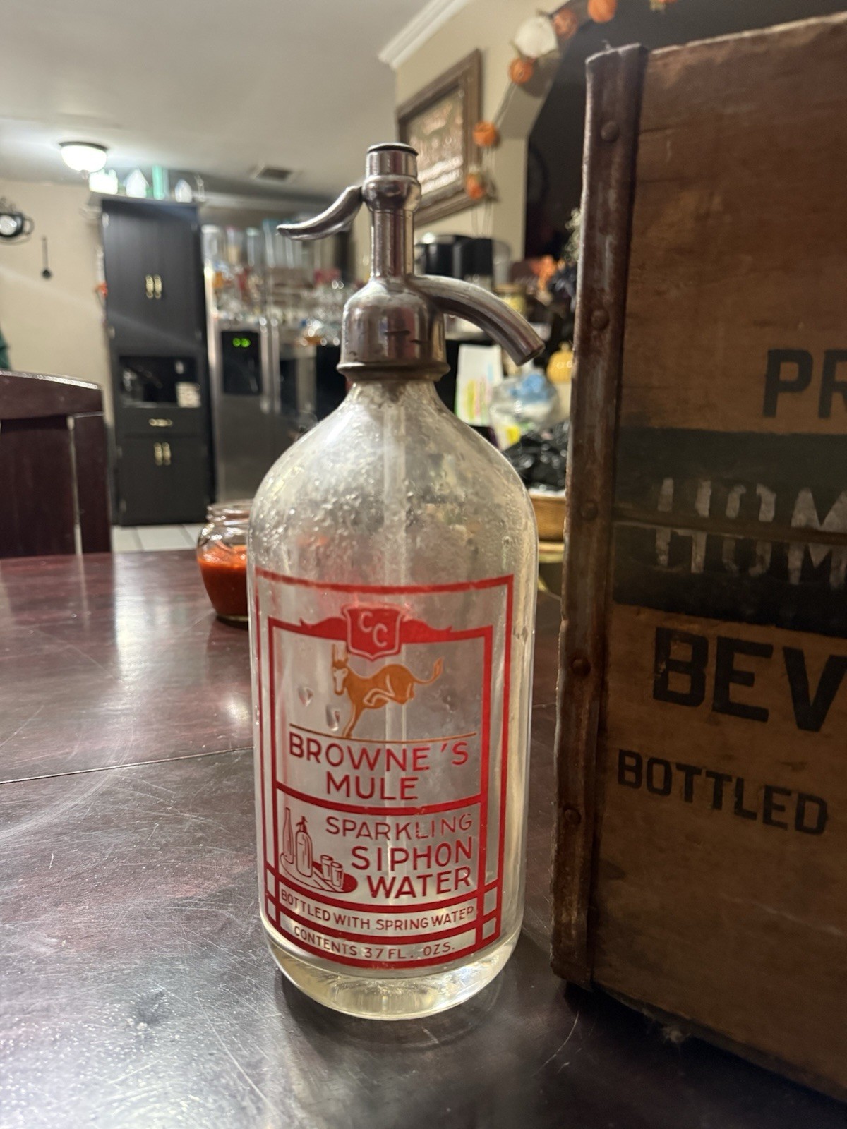 Antique Vintage Clear Seltzer Bottle property of home service beverage co.