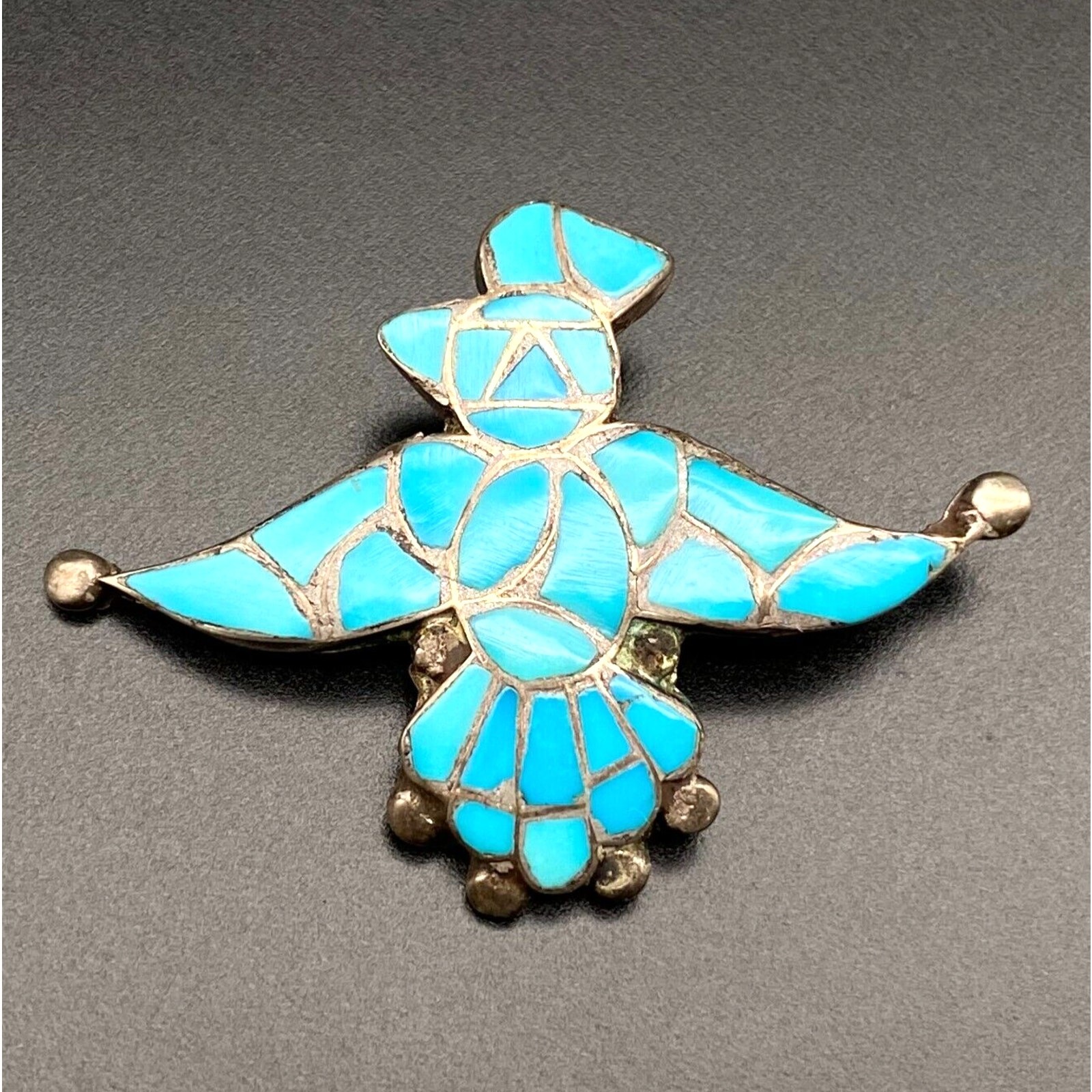 Vintage Navajo Native Thunderbird Turquoise Inlay Silver Pin Brooch Pendant