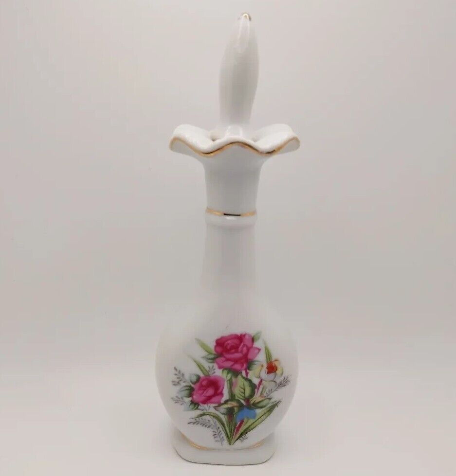 Vtg Japanese Porcelain Vanity Perfume Bottle With Stopper Floral Rose Gold Trim 