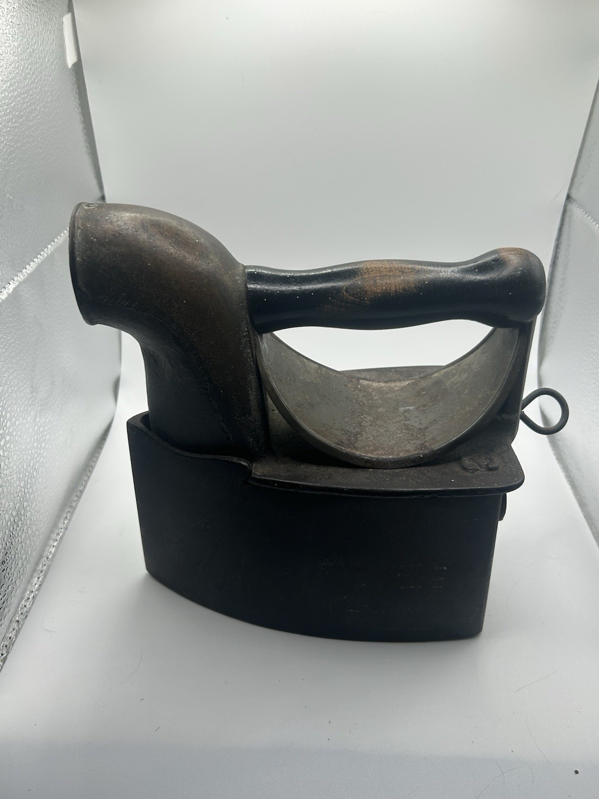 Antique 1800s  Charcoal Coal Cast Iron Sad Iron With Chimney Wood Handle