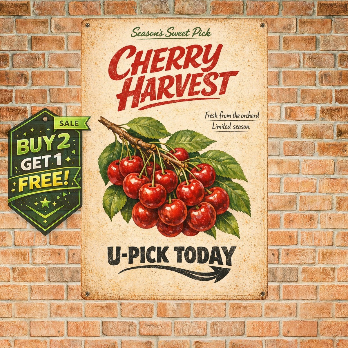 Sweet And Juicy Cherries Retro Look Wall Art Decor Metal Tin Sign 8x12