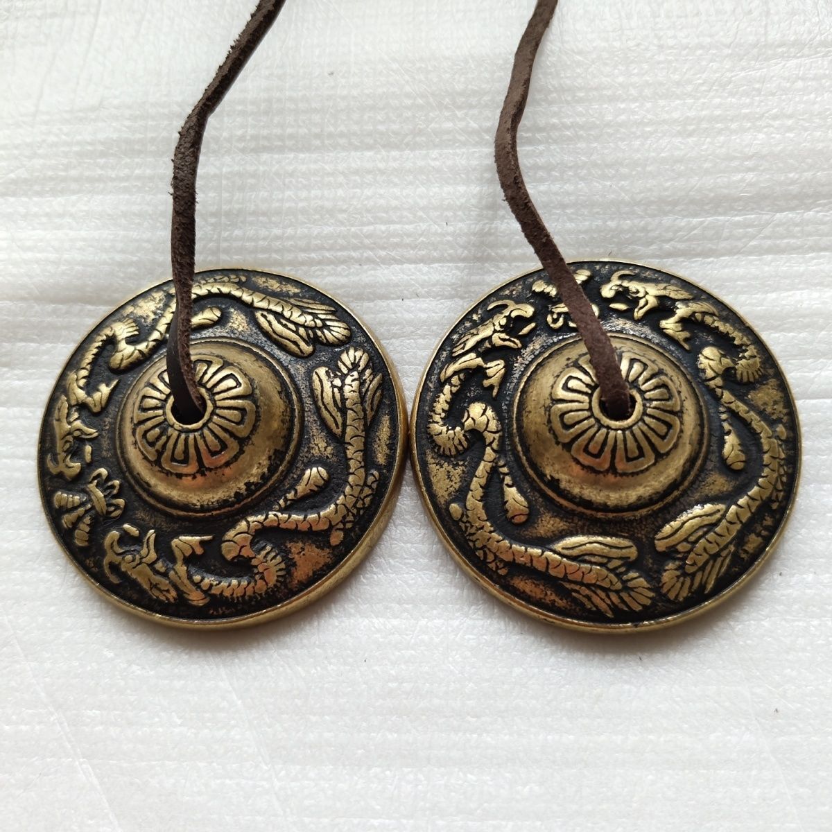 Brass Nepalese Tingsha Cymbals Vintage Dragon Pattern Gong Folk Instrument Decor