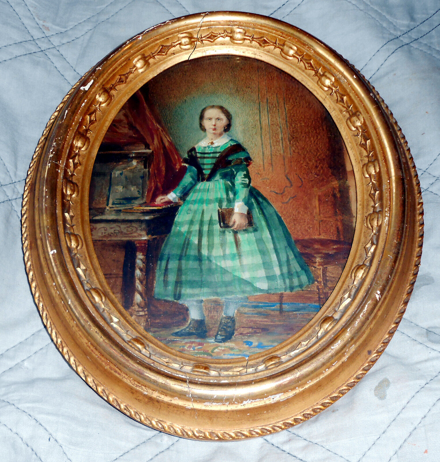Scarce 1860s Hand Painted Salt Print Photograph ~ Lady w/ Green Plaid Dress ~