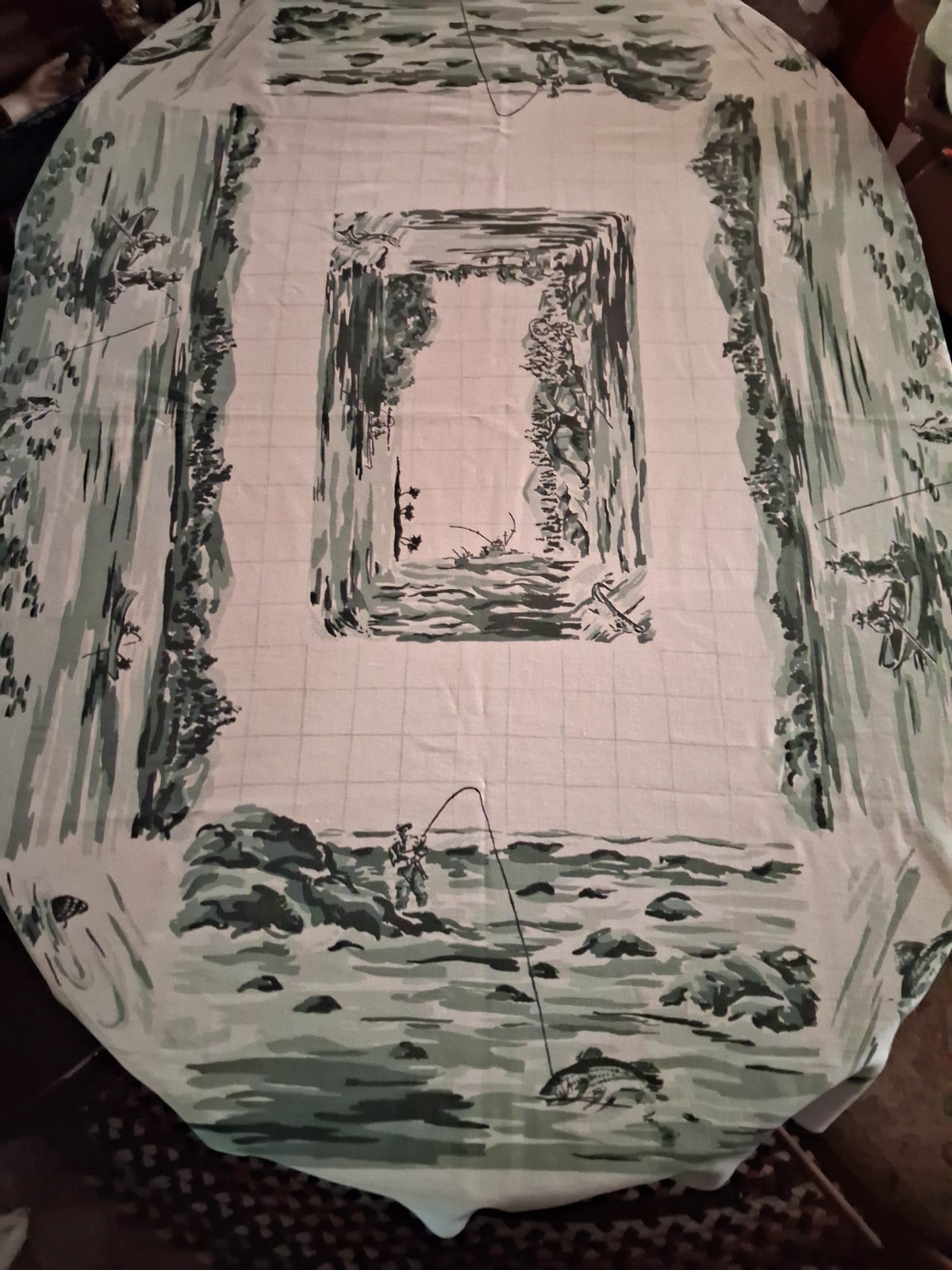 Vintage Pictorial Photo Scenic Startex Tablecloth Flyfishing Trout Cabin 104X66