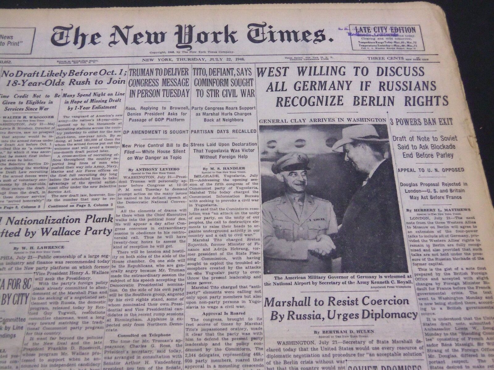 1948 JULY 22 NEW YORK TIMES - WEST WILLING TO DISCUSS ALL GERMANY - NT 4415