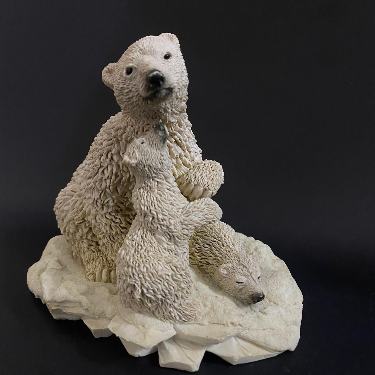 Vintage Polar Bear Figurine Mother 2 Cubs on Ice Carved Fur Resin 5.5 in Statue