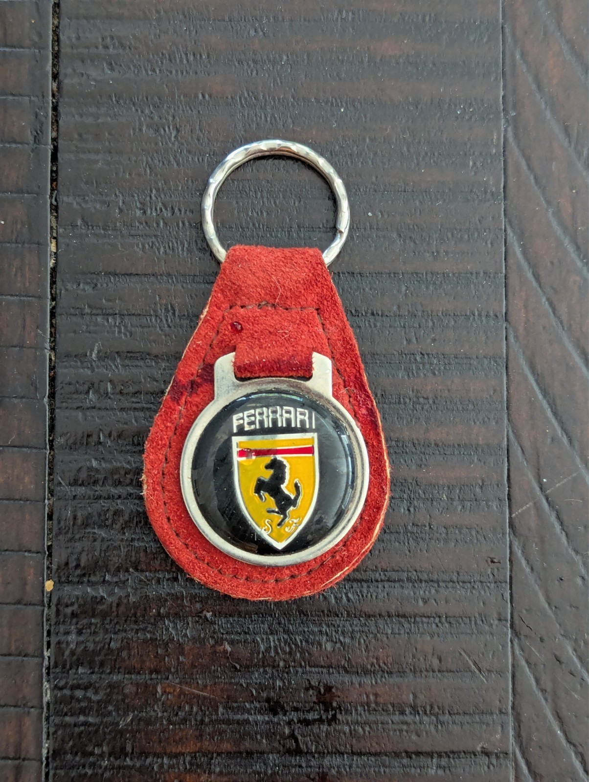 Vintage Scuderia Ferrari Enamel & Red Suede Leather Key Fob Chain 1970s 1980s Vintage Scuderia Ferrari Enamel & Red Suede Leather Key Fob Chain 1970s 1980s