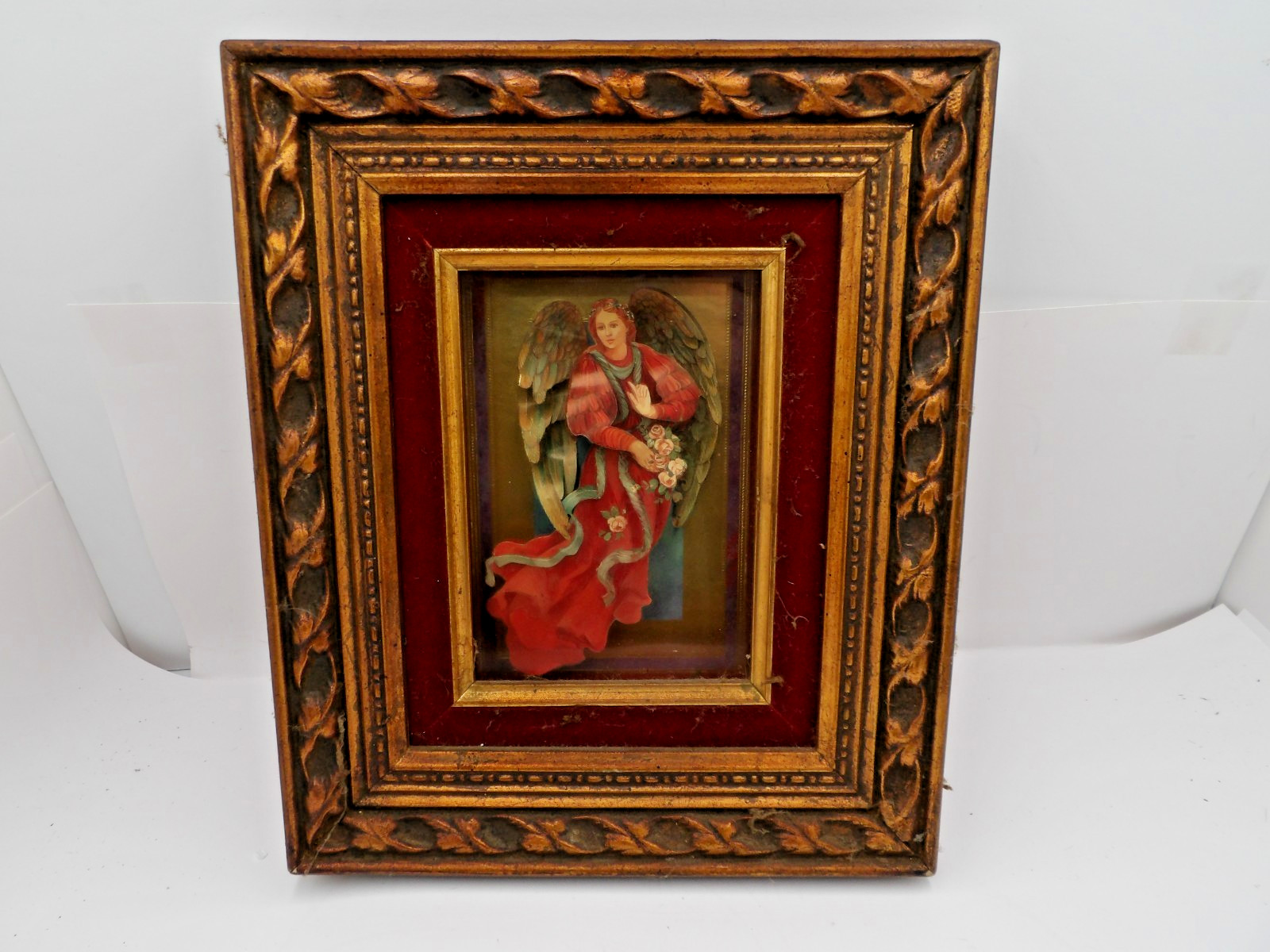 Vintage Framed 3-D Shadow Box Winged Angel with Flowers