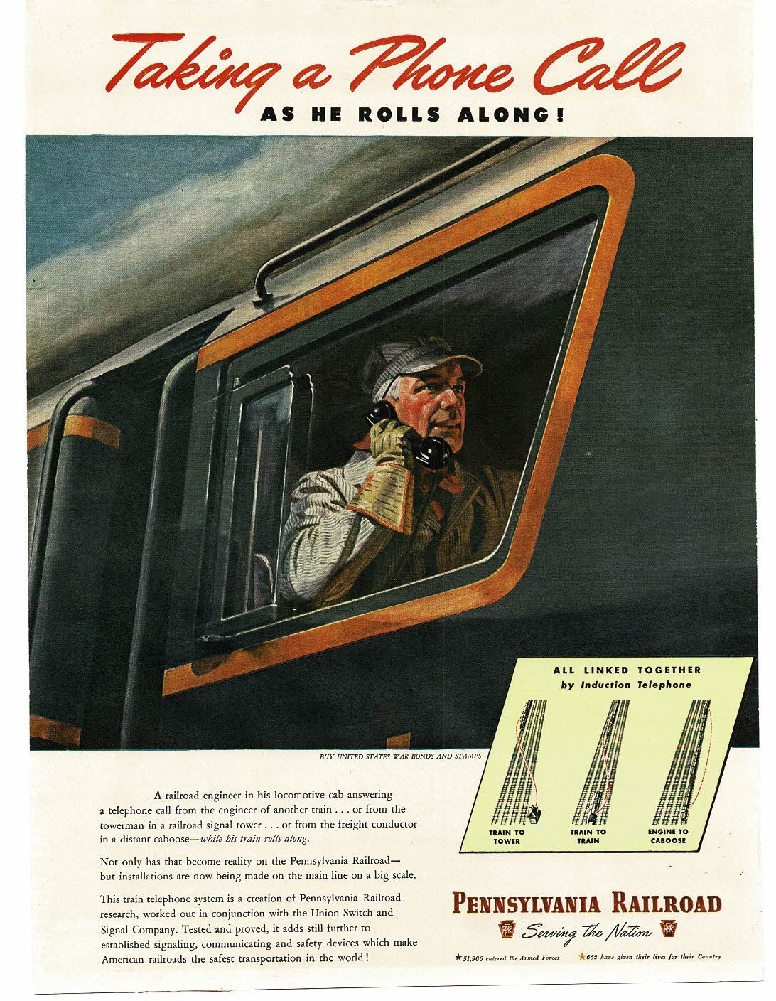 1945 Pennsylvania Railroad PRR Engineer Talks on Phone in cab Vintage Print Ad