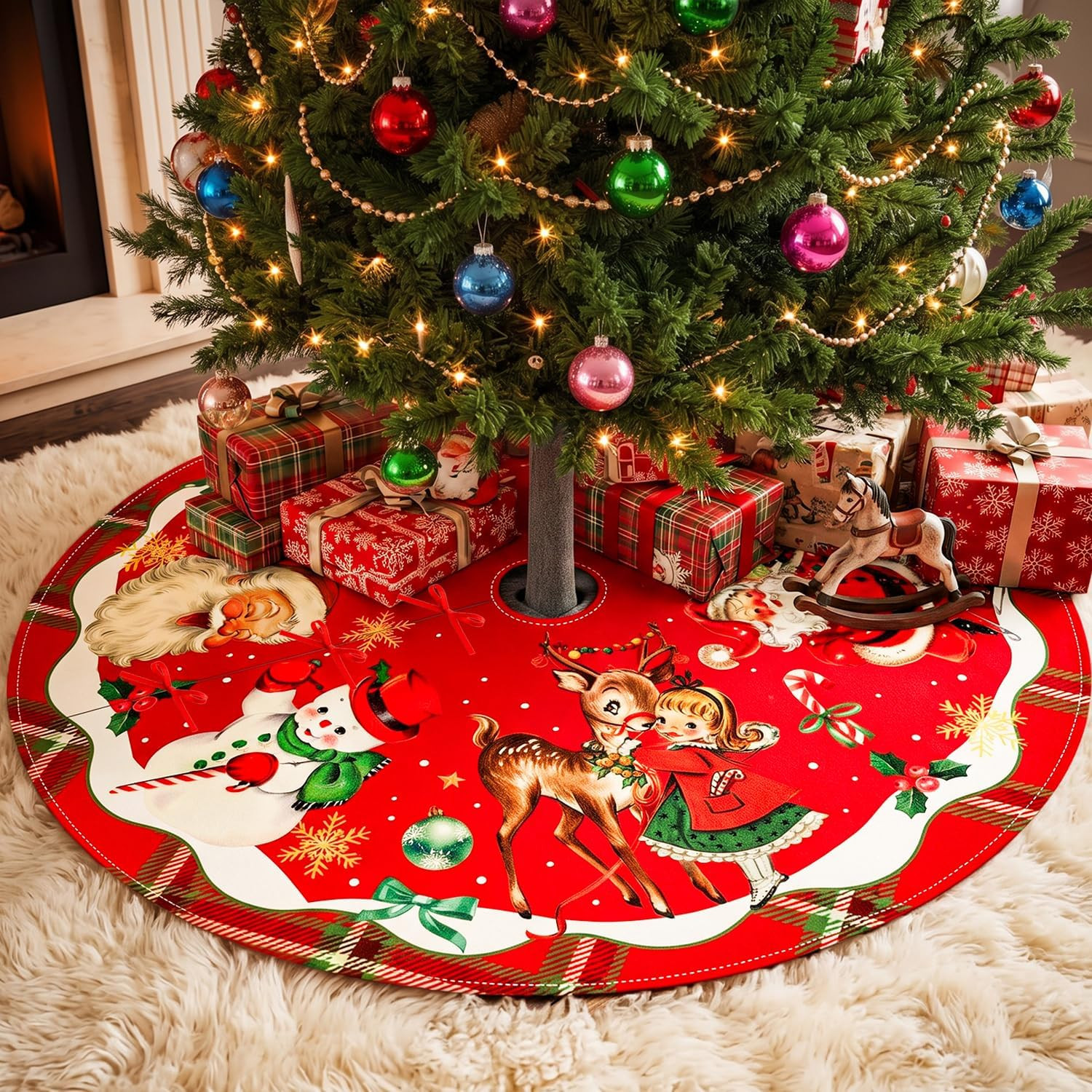48-inch Vintage Christmas Tree Skirt Retro Santa Snowman Deer Red Holiday Decor