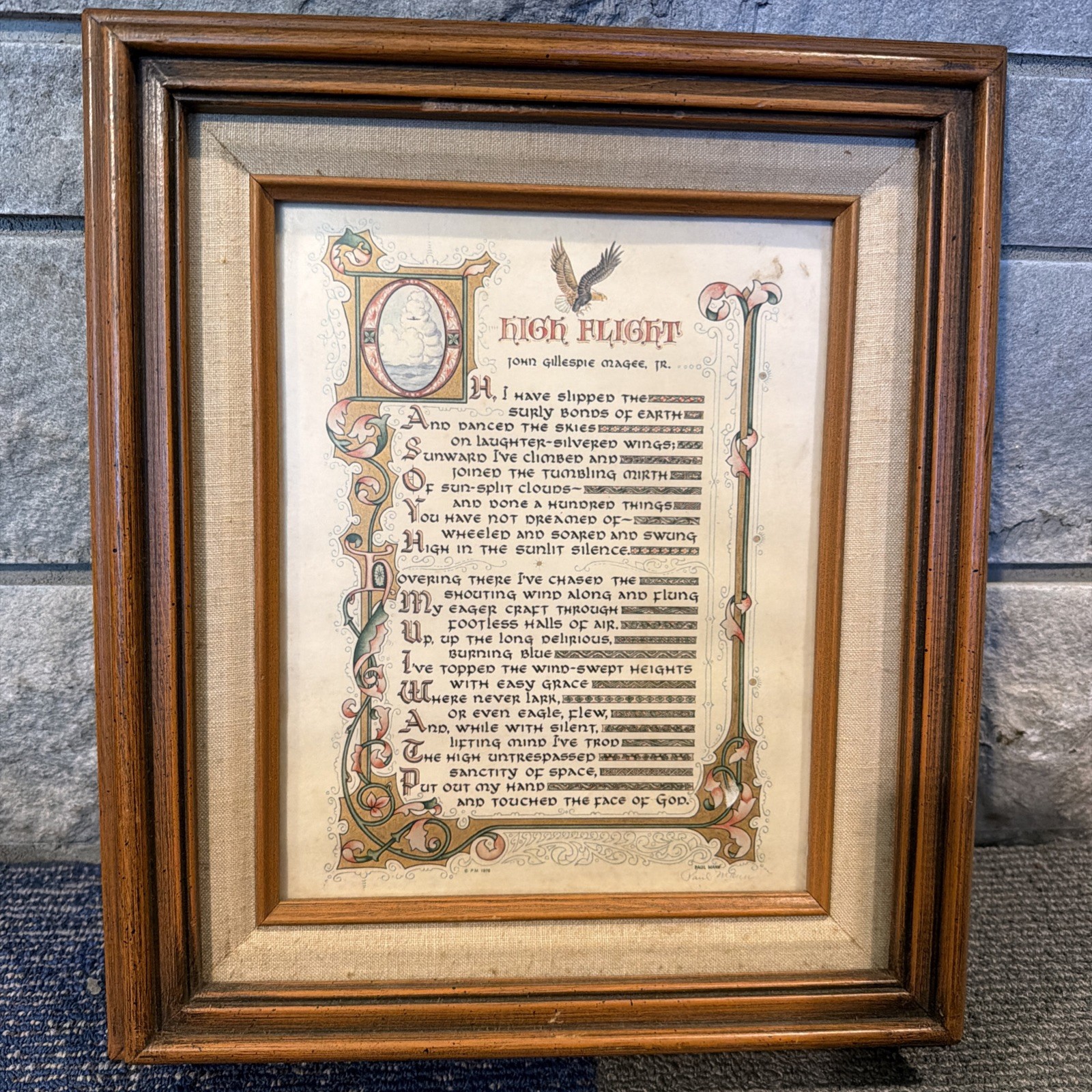 Vintage High Flight Poem by John Gillespie Magee Jr - Wood Framed Poem 12.5x14.5