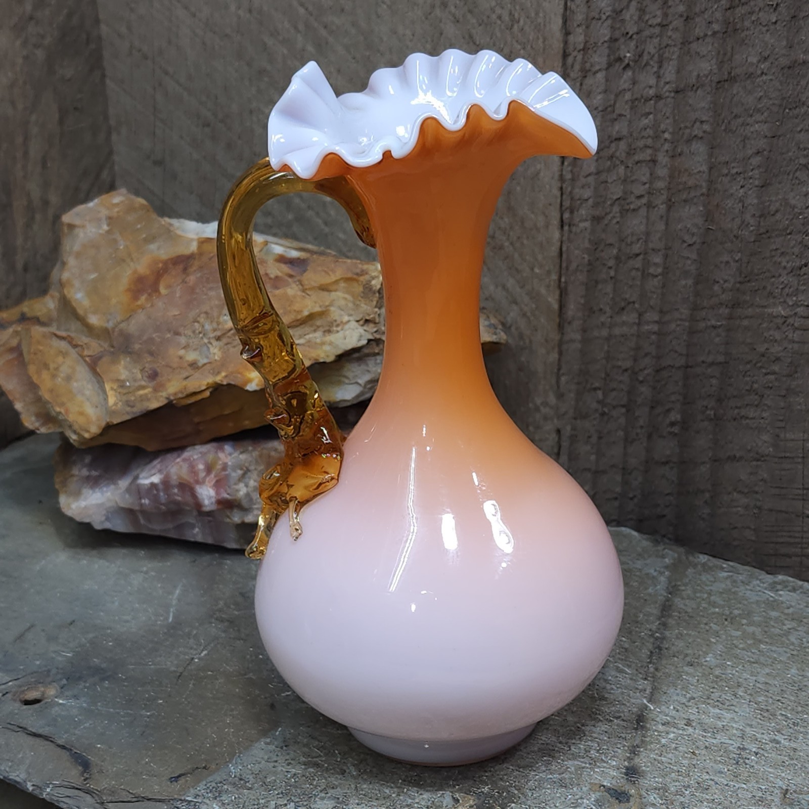Vintage Hand Blown Peach White Cased Art Glass Pitcher Ewer Vase Applied Handle