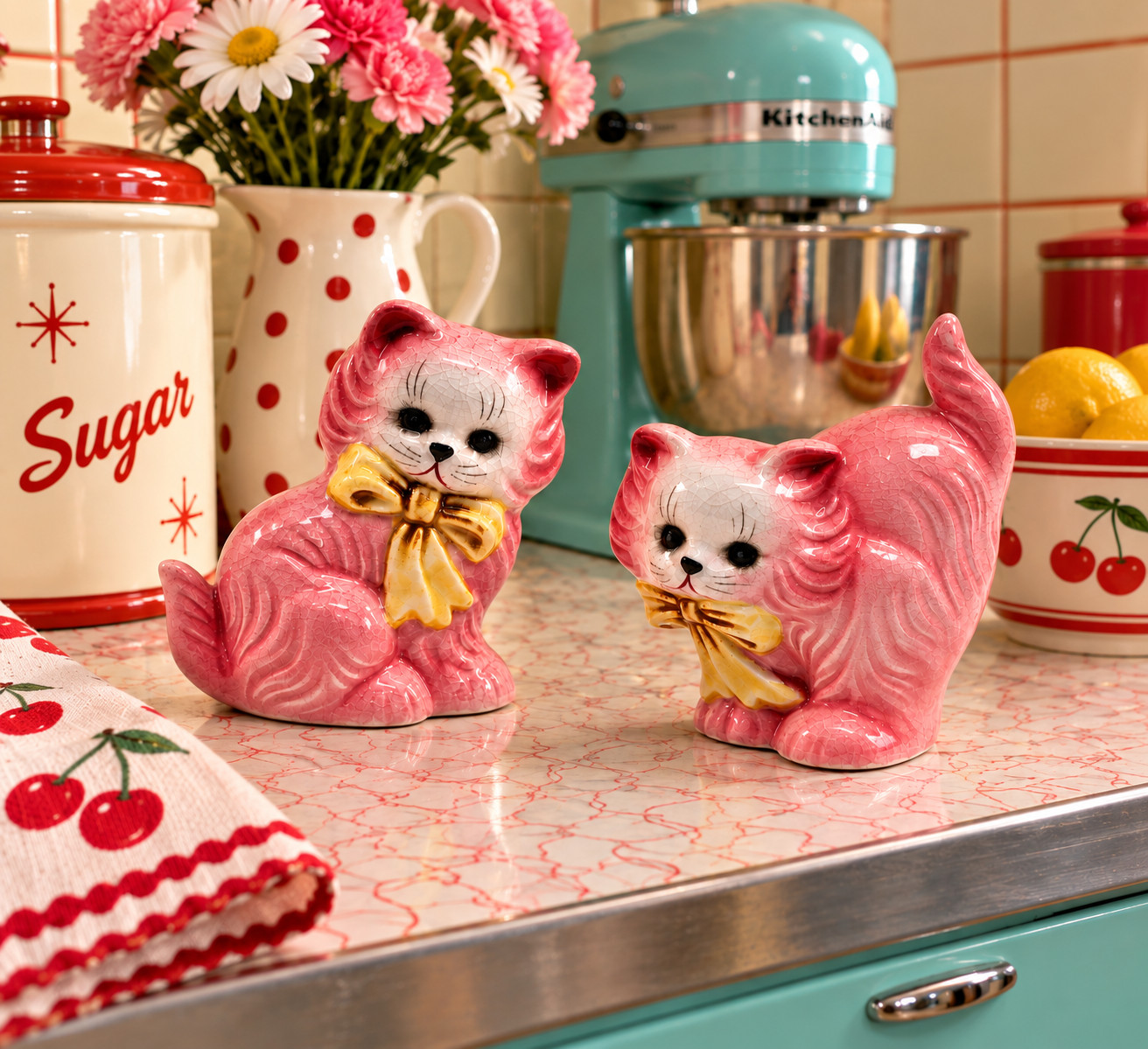 VINTAGE PINK CAT CERAMIC SALT & PEPPER SHAKERS * RETRO KITSCH KITTENS