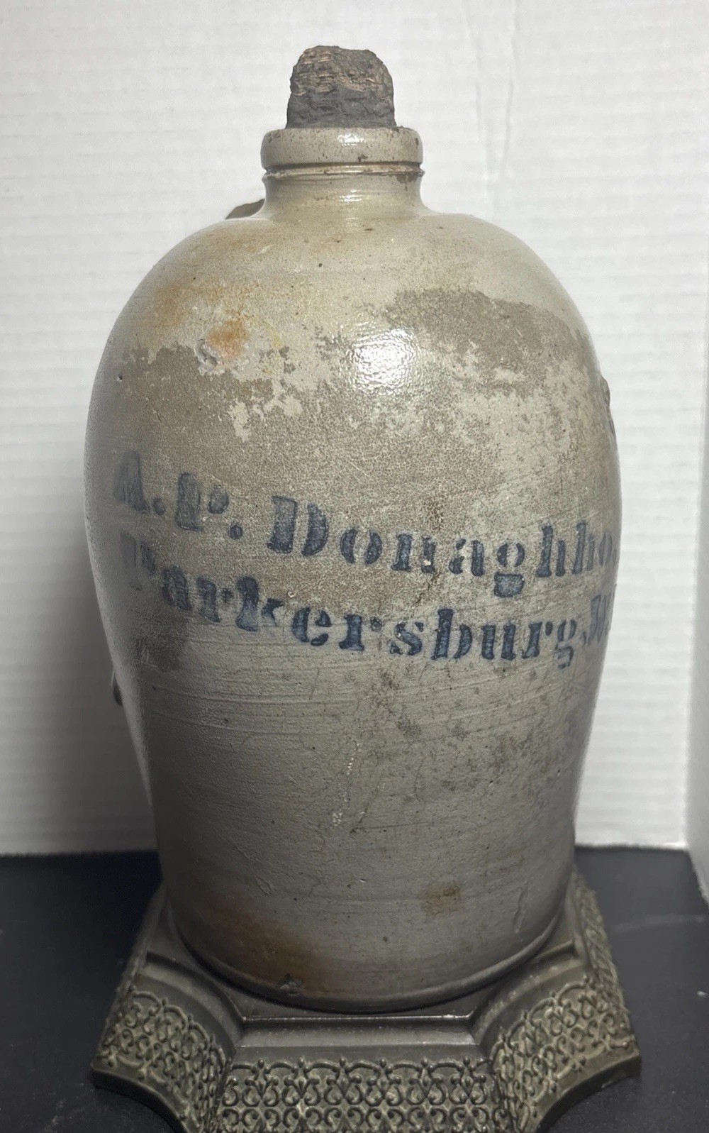 Antique A. P. Donaghho, Parkersburg WV Stoneware Jug, 2 Quarts Capacity, 9” Tall