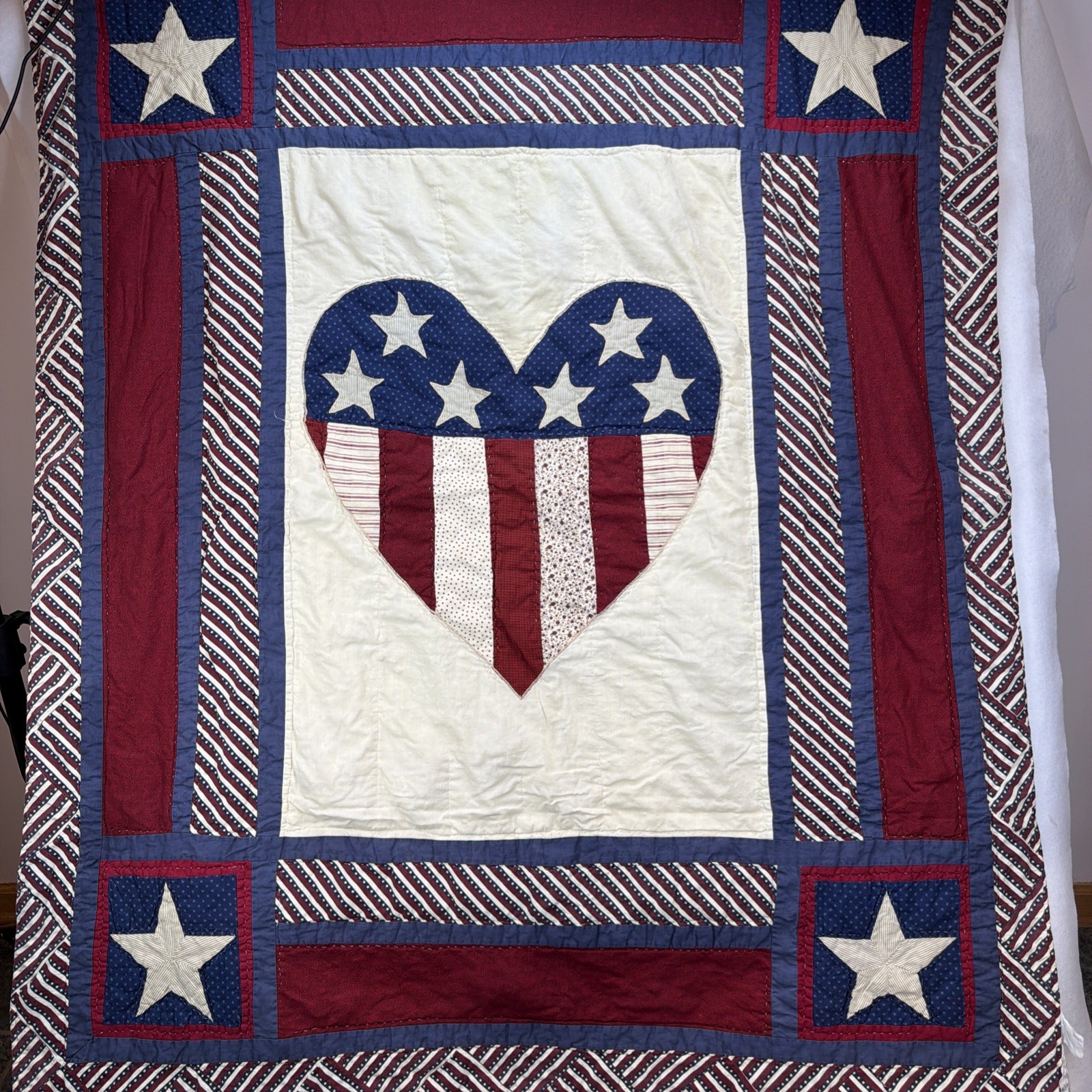 Vtg Hand Stitched Patriotic Americana Folk Patchwork Quilt Betsy Ross 49”x60”