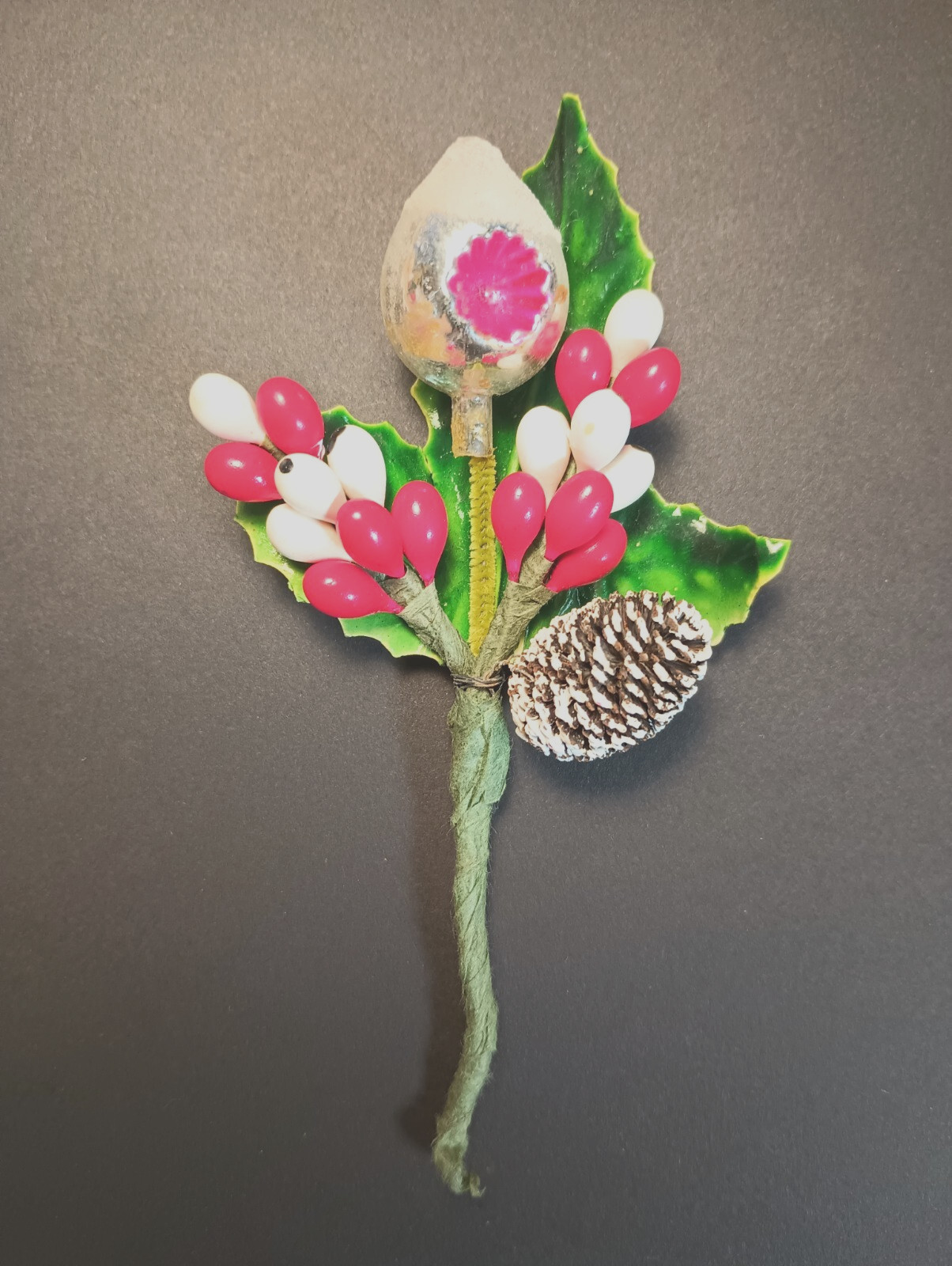 Vintage Boutonniere Indent Glass Ornament Holly Berry Pine Cone Corsage