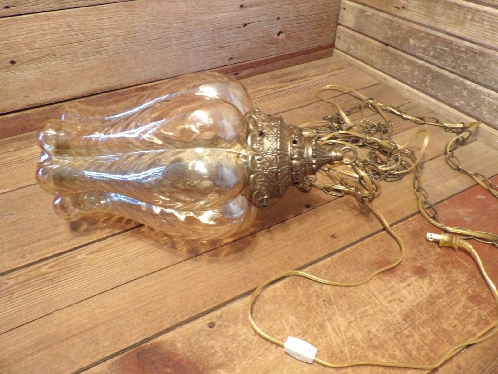 Vintage 1960\'s Amber Glass Swag Hanging Chain Swag Lamp Brass Mid Century Globe