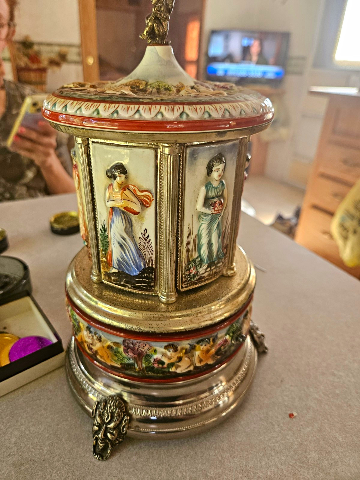 Vintage Rotating Carousel Cigarette Caddy, Enamel, Cherub Finial