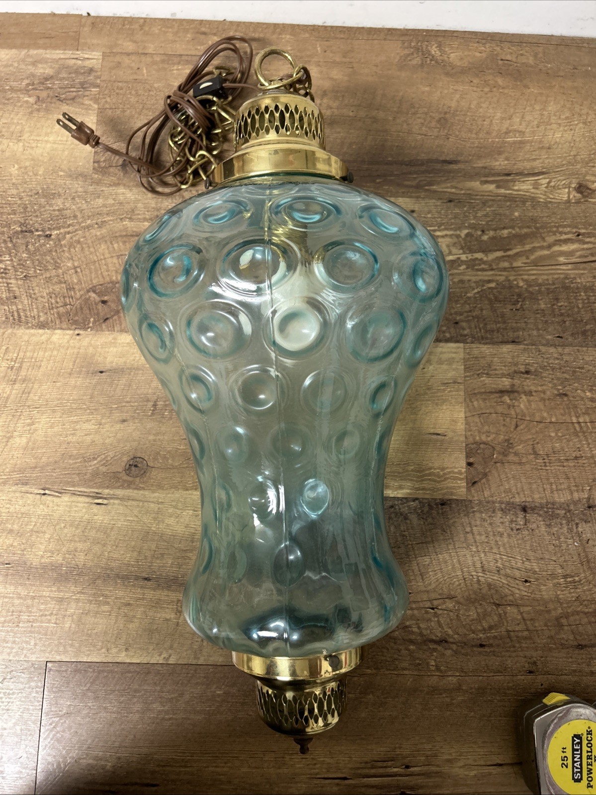 Vintage Blue Hanging Plug-In- Swag Lamp, Ceiling Light On Chain ~22” ( READ)