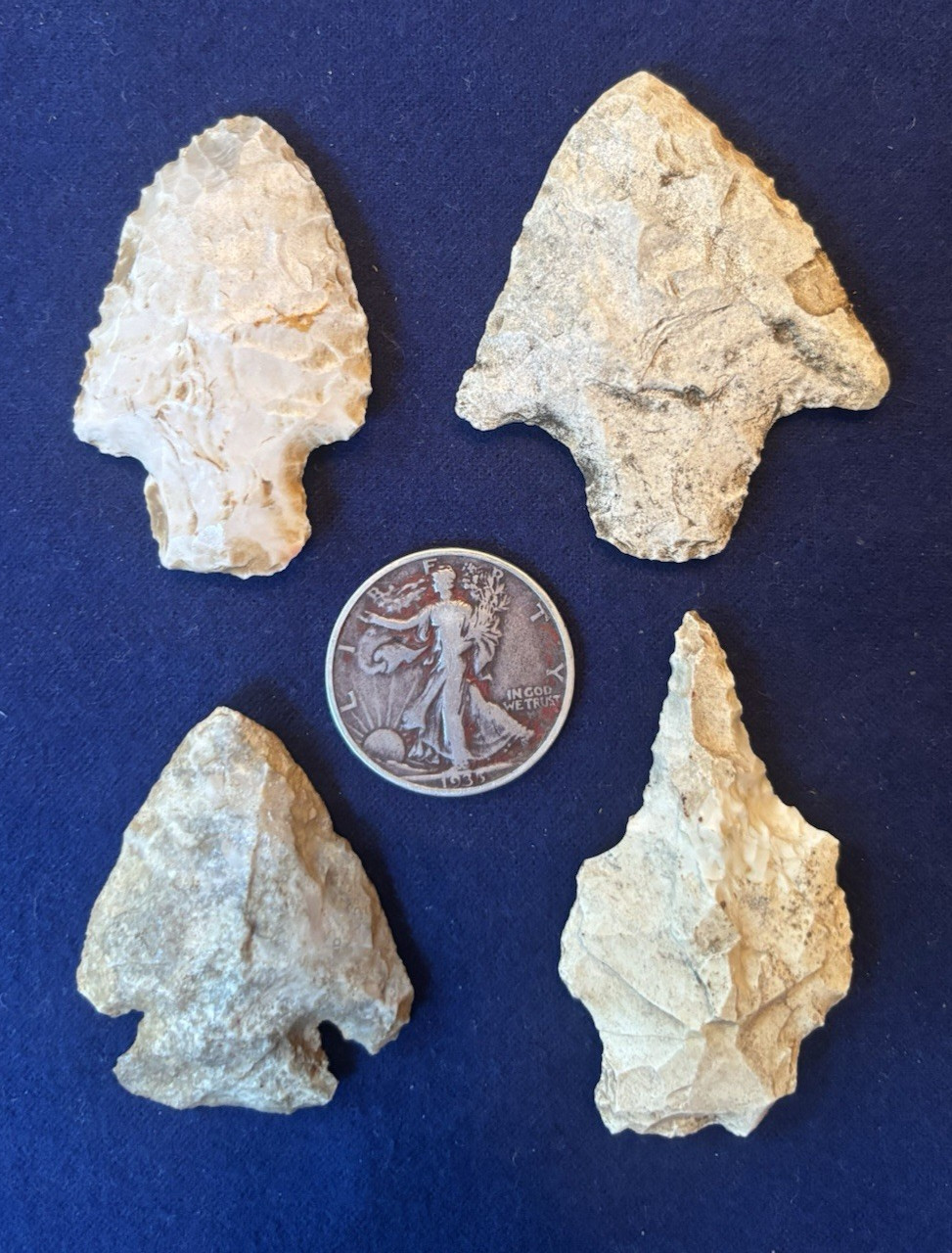 Qty 4 Indiana/Illinois/Missouri Side Notch Arrowhead Indian Artifact MW02