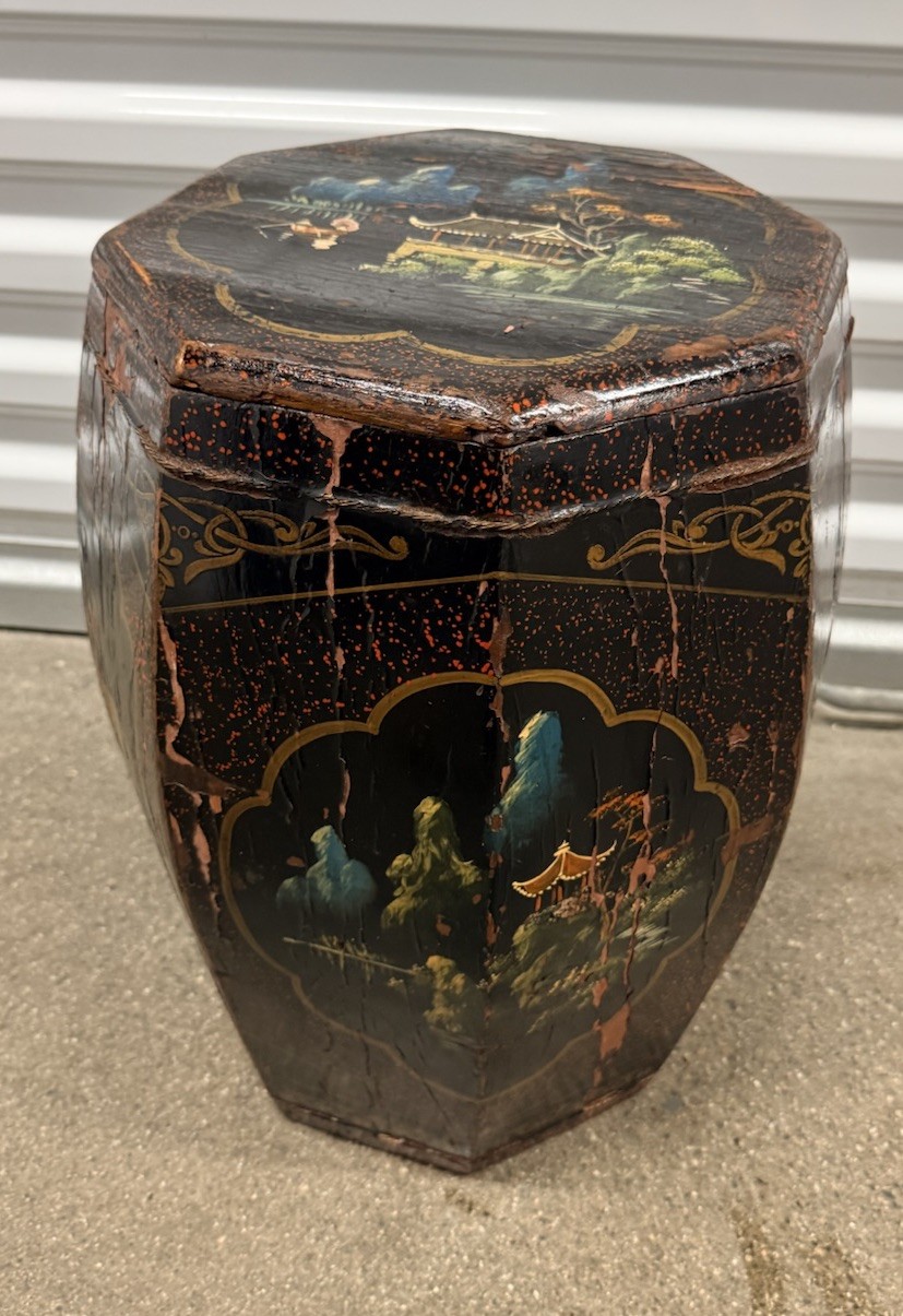 Antique Chinese Chinoiserie Lacquered Octagonal Rice Barrel Lidded 17.5”