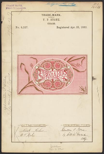 Photo:Y P Stone Three Spaniards Cigars 1882 Trade Mark Label