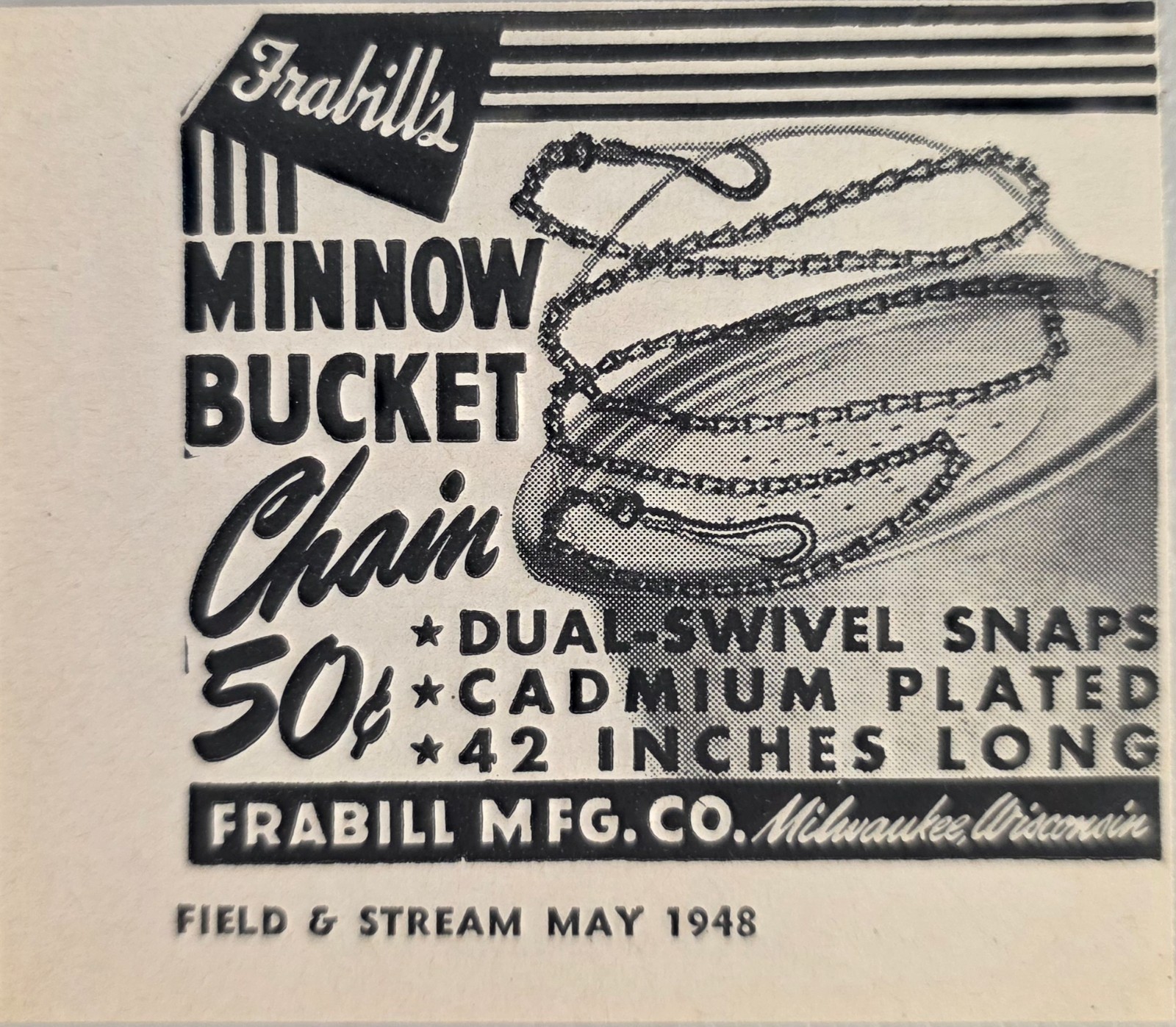 1948 Print Ad Frabill\'s Minnow Bucket Chains Dual Swivel Snaps Milwaukee,WI