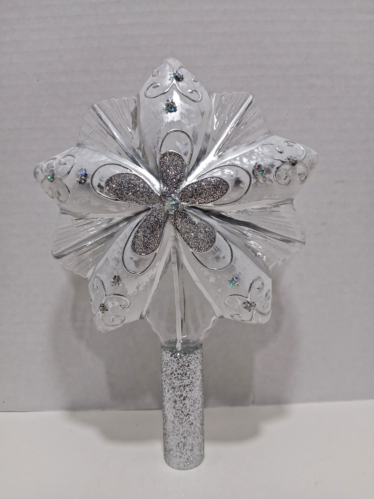 VITBIS Hand Crafted Glass Christmas Tree Topper White Silver Made In Poland 9\