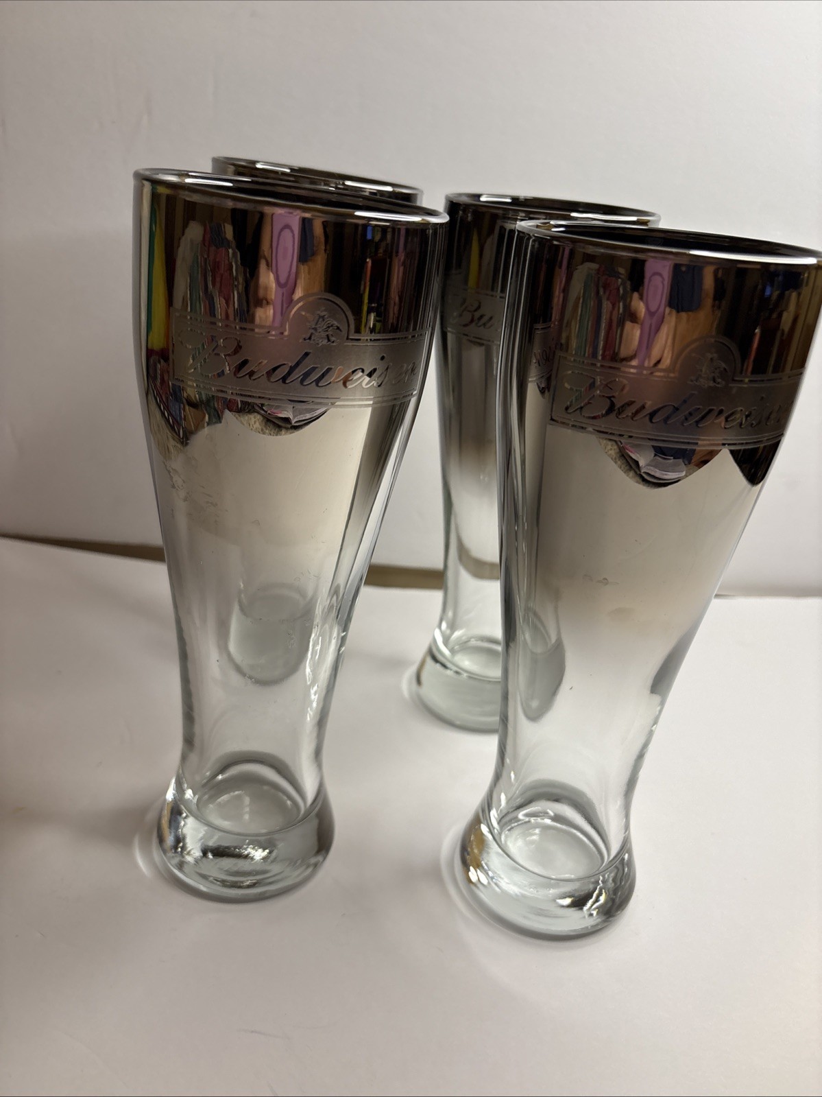 Vintage 4 Budweiser 16oz Glasses Chrome Fade Classic Etched Budweiser Logo 9” T