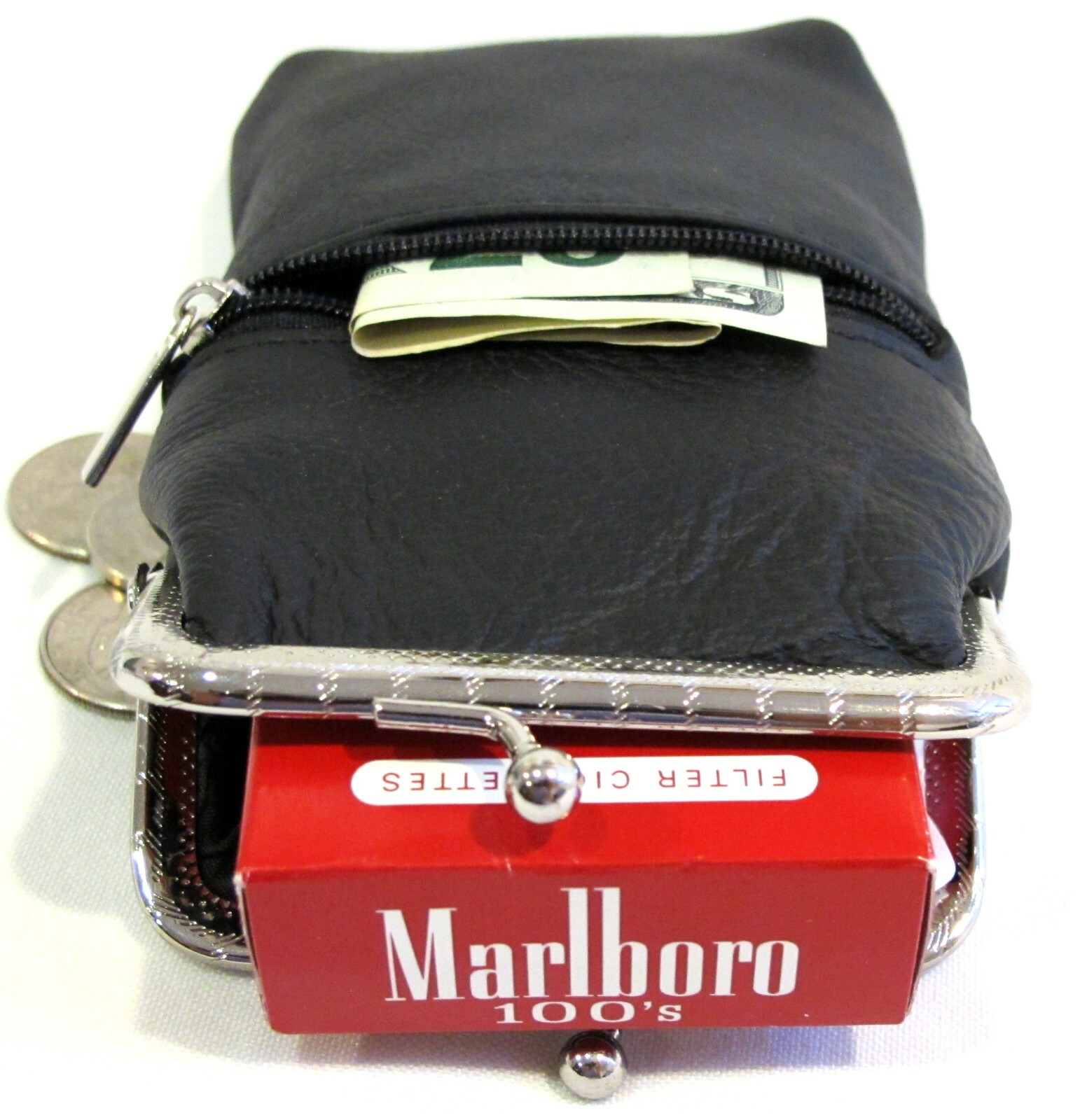 Lady\'s Pure Leather Cigarette Case Lighter Match Pocket Zipper Coin Pouch- BLACK Lady\'s Pure Leather Cigarette Case Lighter Match Pocket Zipper Coin Pouch- BLACK