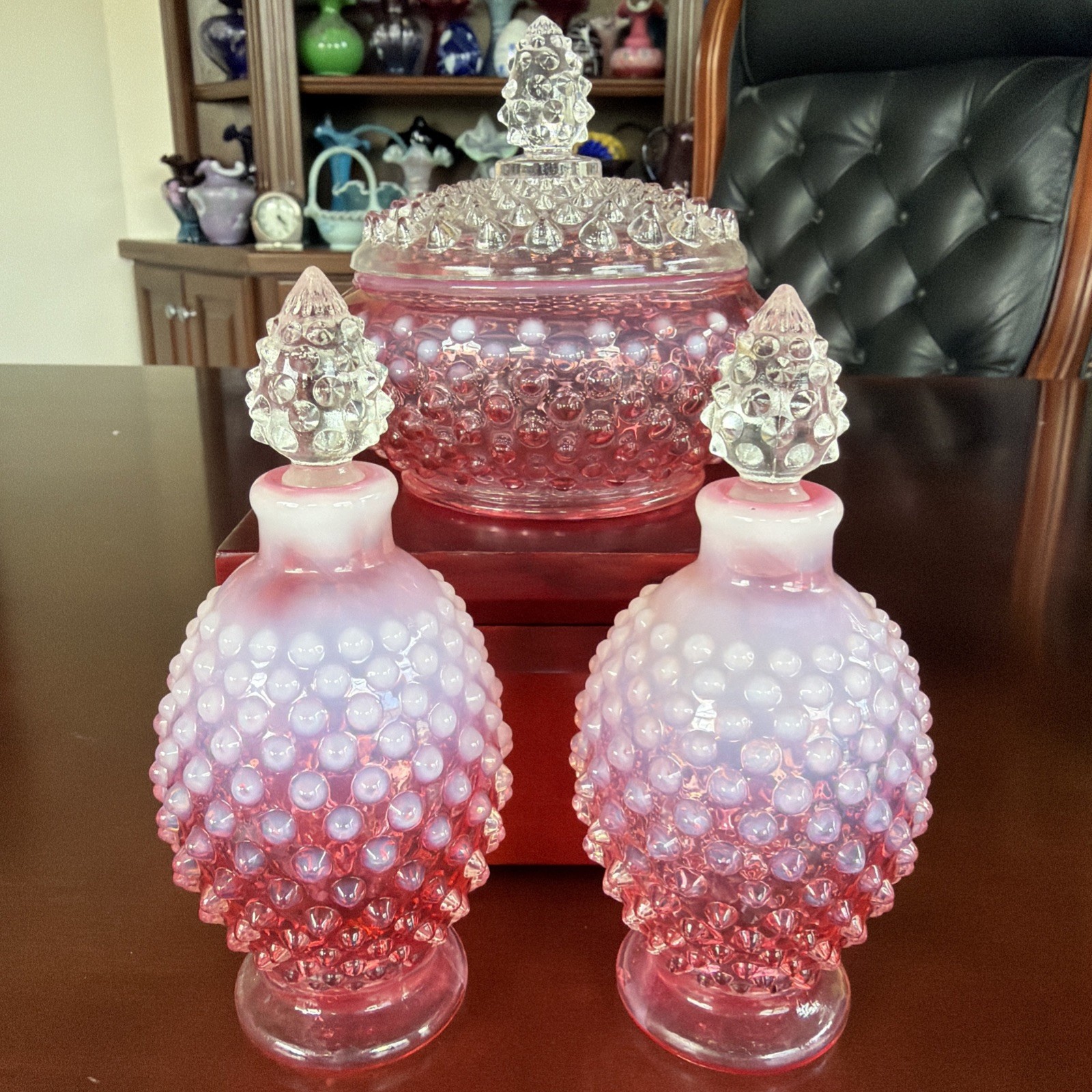 1930s MCM Fenton Cranberry Hobnail Vanity Set 2 Perfume Bottles & Powder Dish 1930s MCM Fenton Cranberry Hobnail Vanity Set 2 Perfume Bottles & Powder Dish